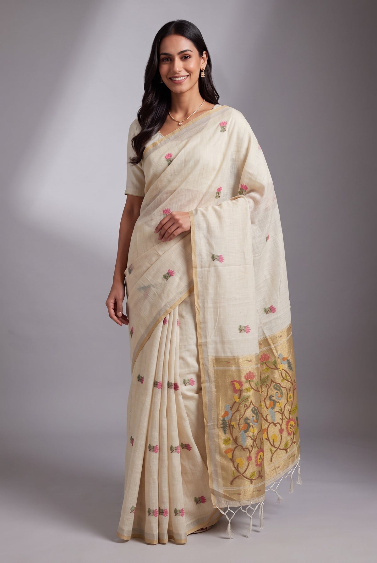 Cream Jamdhani Cotton Paithani Saree with Resham Lotus butti and Nīlapakṣīpallu Pallu