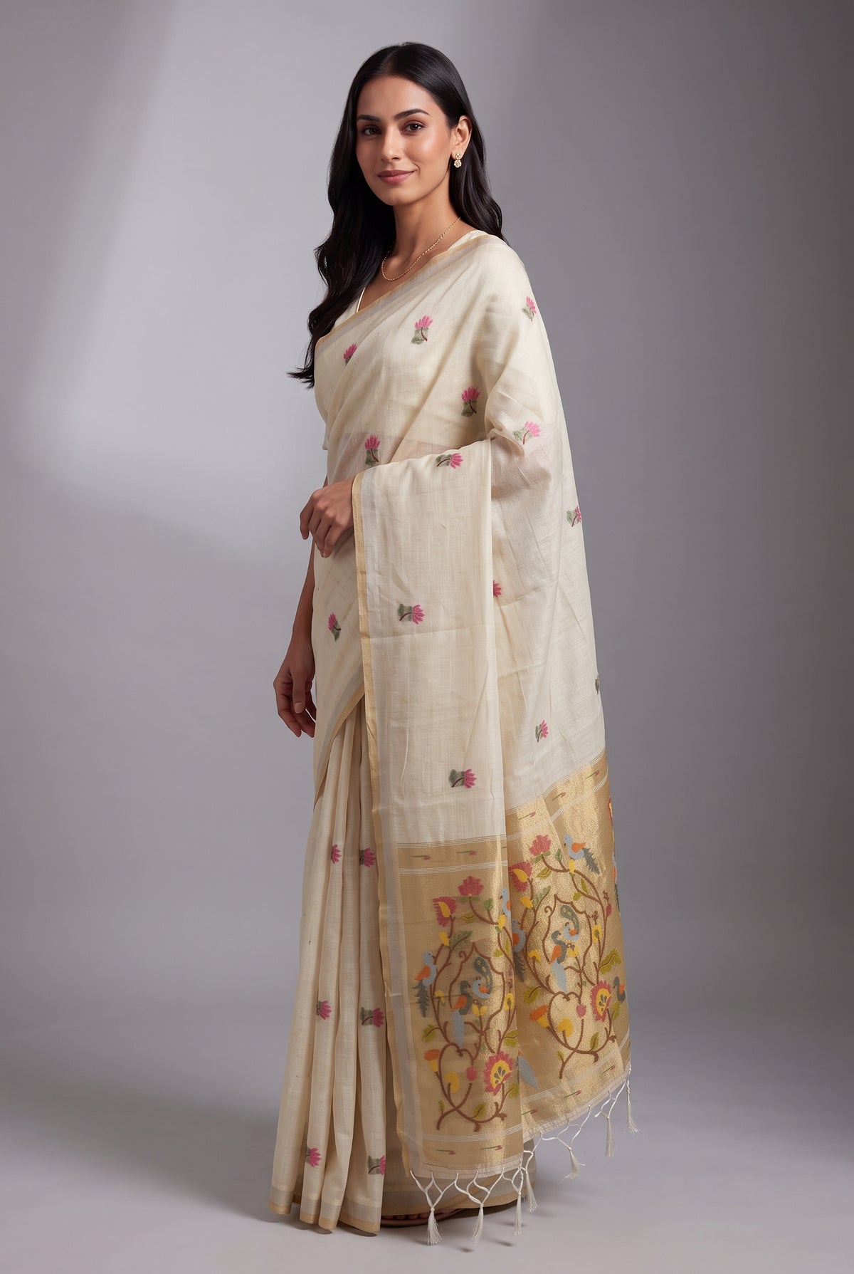 Cream Jamdhani Cotton Paithani Saree with Resham Lotus butti and Nīlapakṣīpallu Pallu