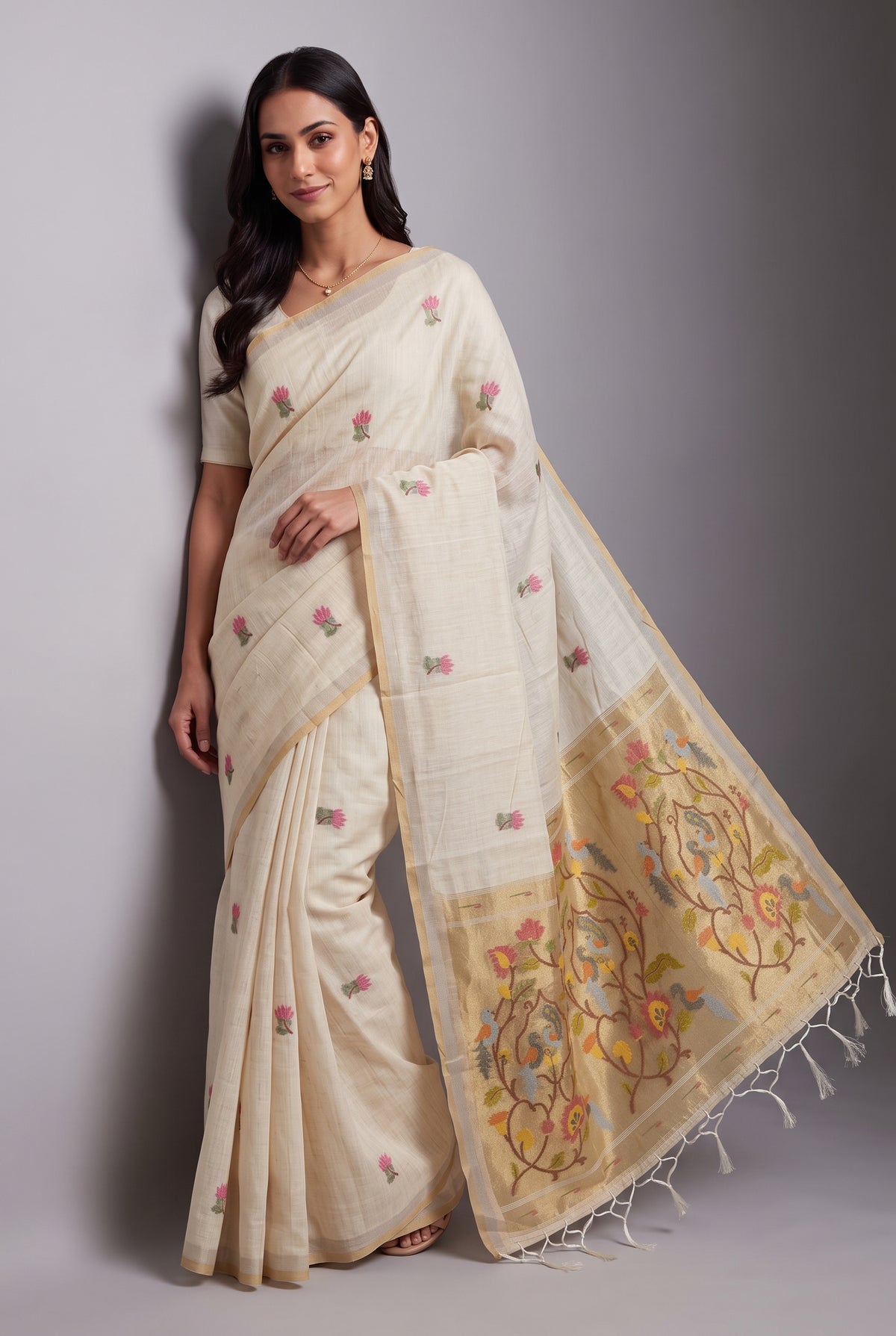 Cream Jamdhani Cotton Paithani Saree with Resham Lotus butti and Nīlapakṣīpallu Pallu