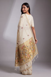 Cream Jamdhani Cotton Paithani Saree with Resham Lotus butti and Nīlapakṣīpallu Pallu