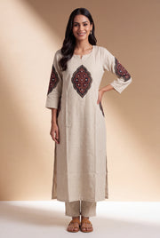 Cream Khadi Cotton Black Padakāvalī Kurti with Mirrorwork