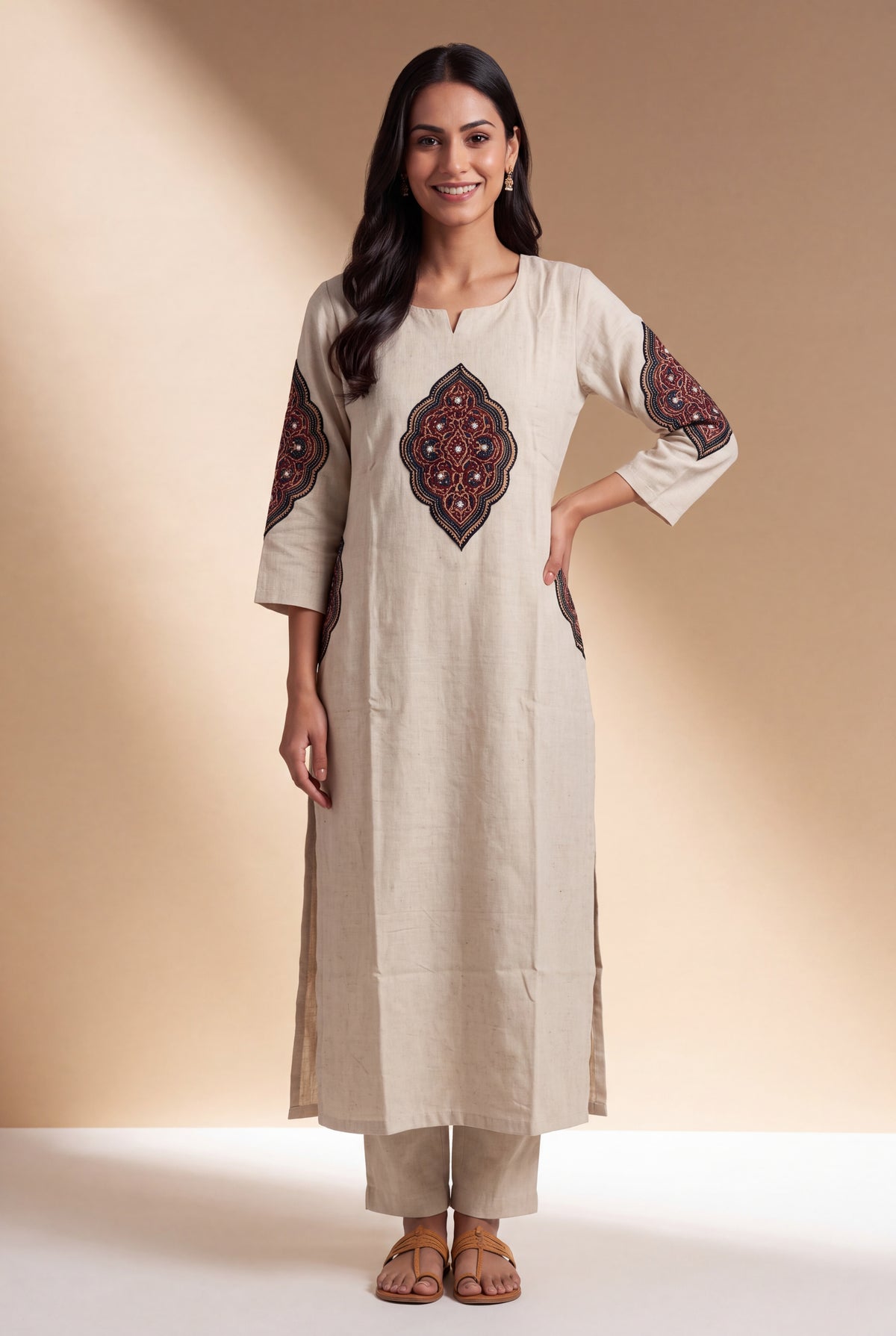 Cream Khadi Cotton Black Padakāvalī Kurti with Mirrorwork