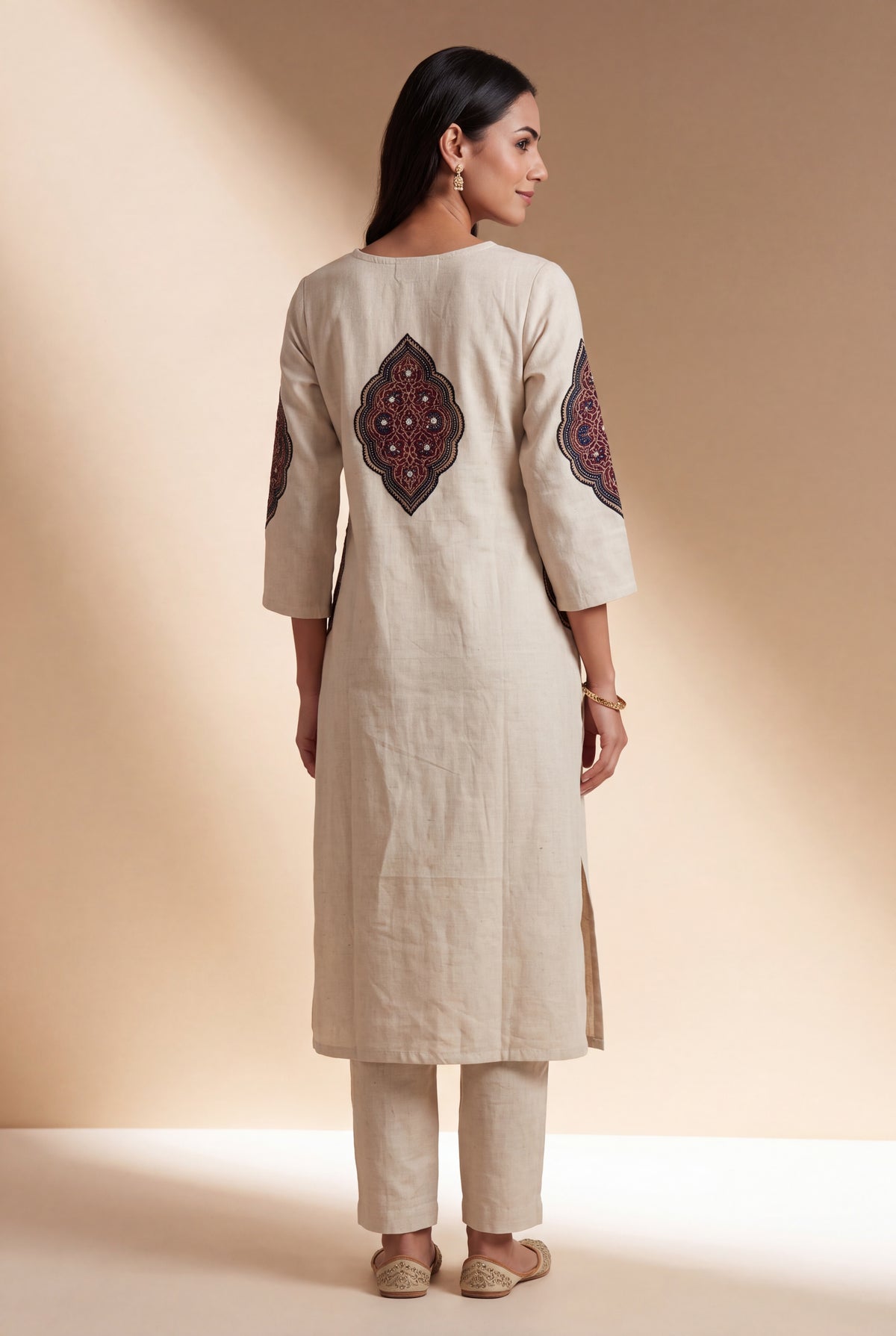 Cream Khadi Cotton Black Padakāvalī Kurti with Mirrorwork