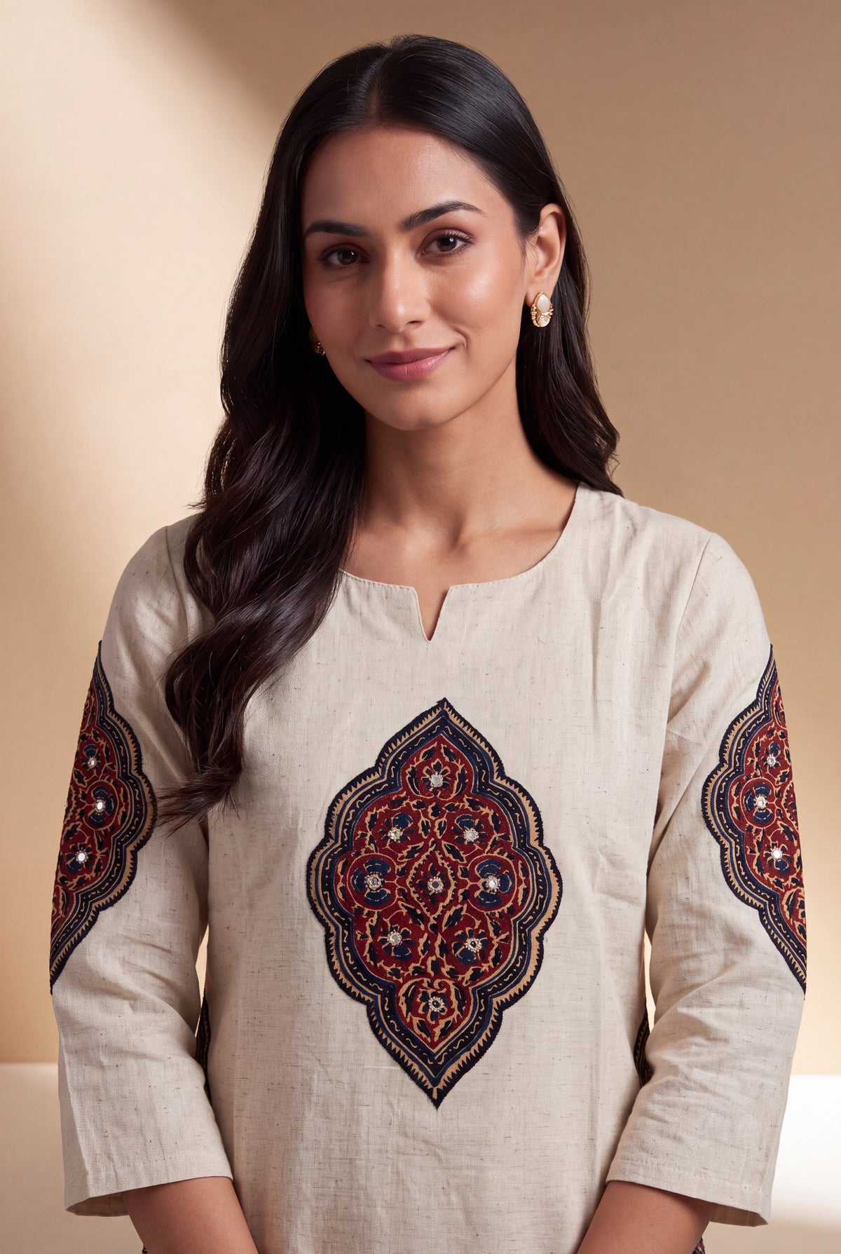 Cream Khadi Cotton Black Padakāvalī Kurti with Mirrorwork