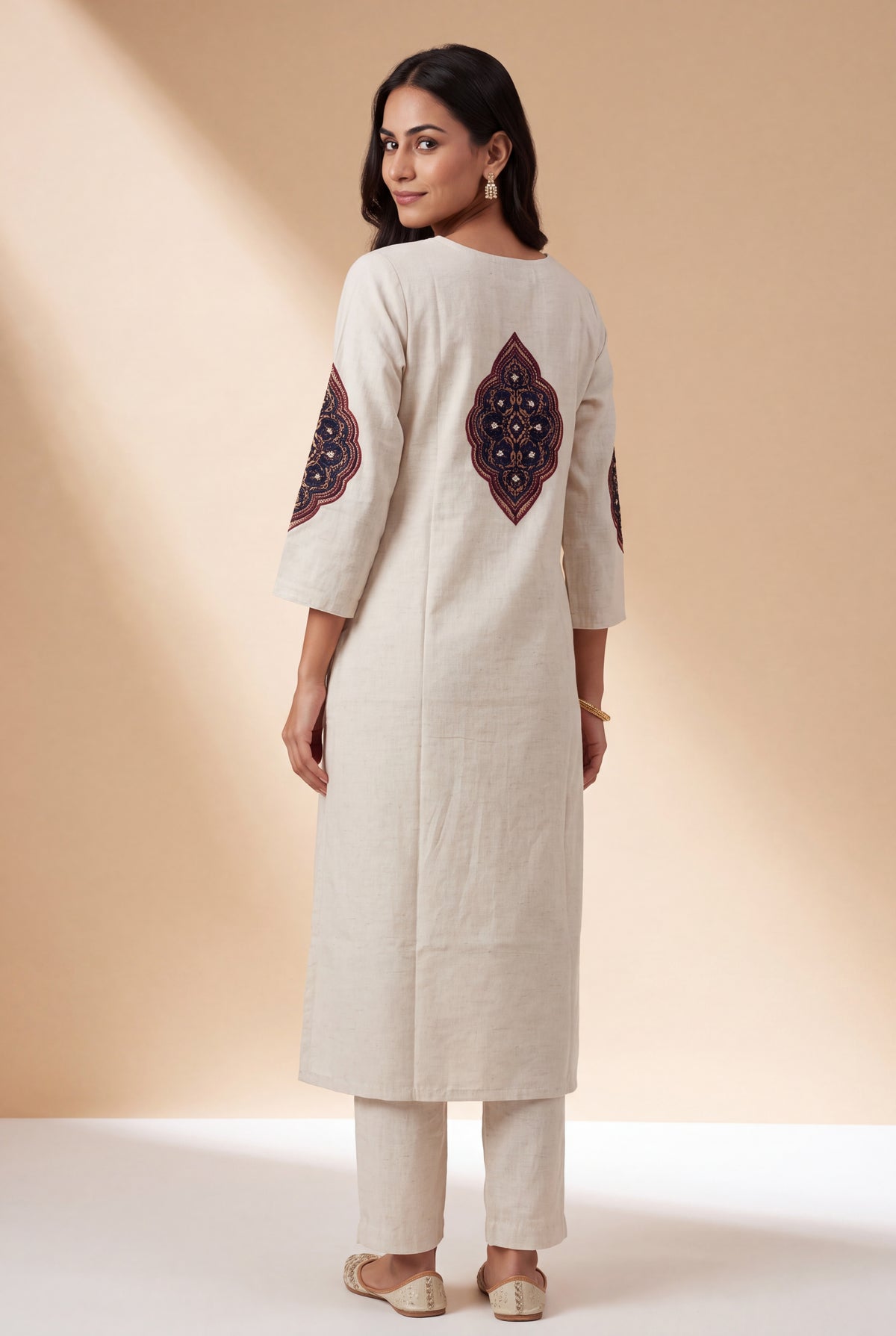 Cream Khadi Cotton Maroon Padakāvalī Kurti with Mirrorwork
