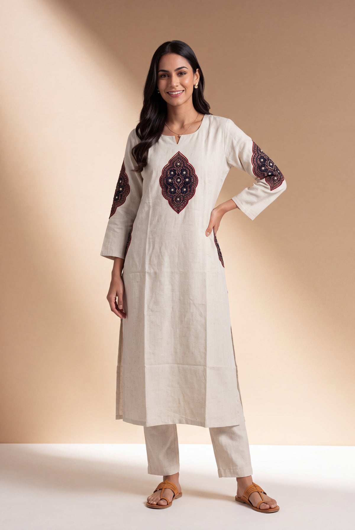 Cream Khadi Cotton Maroon Padakāvalī Kurti with Mirrorwork