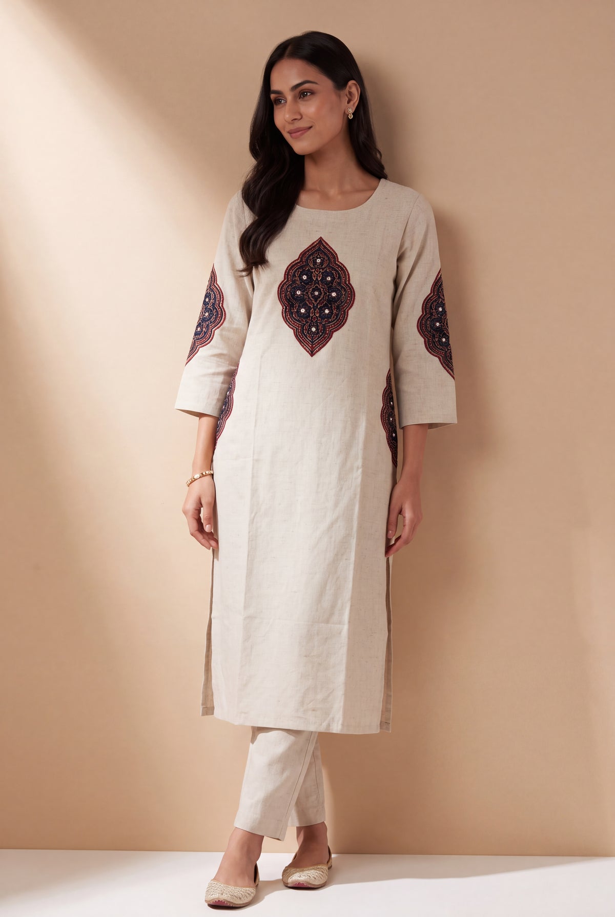 Cream Khadi Cotton Maroon Padakāvalī Kurti with Mirrorwork