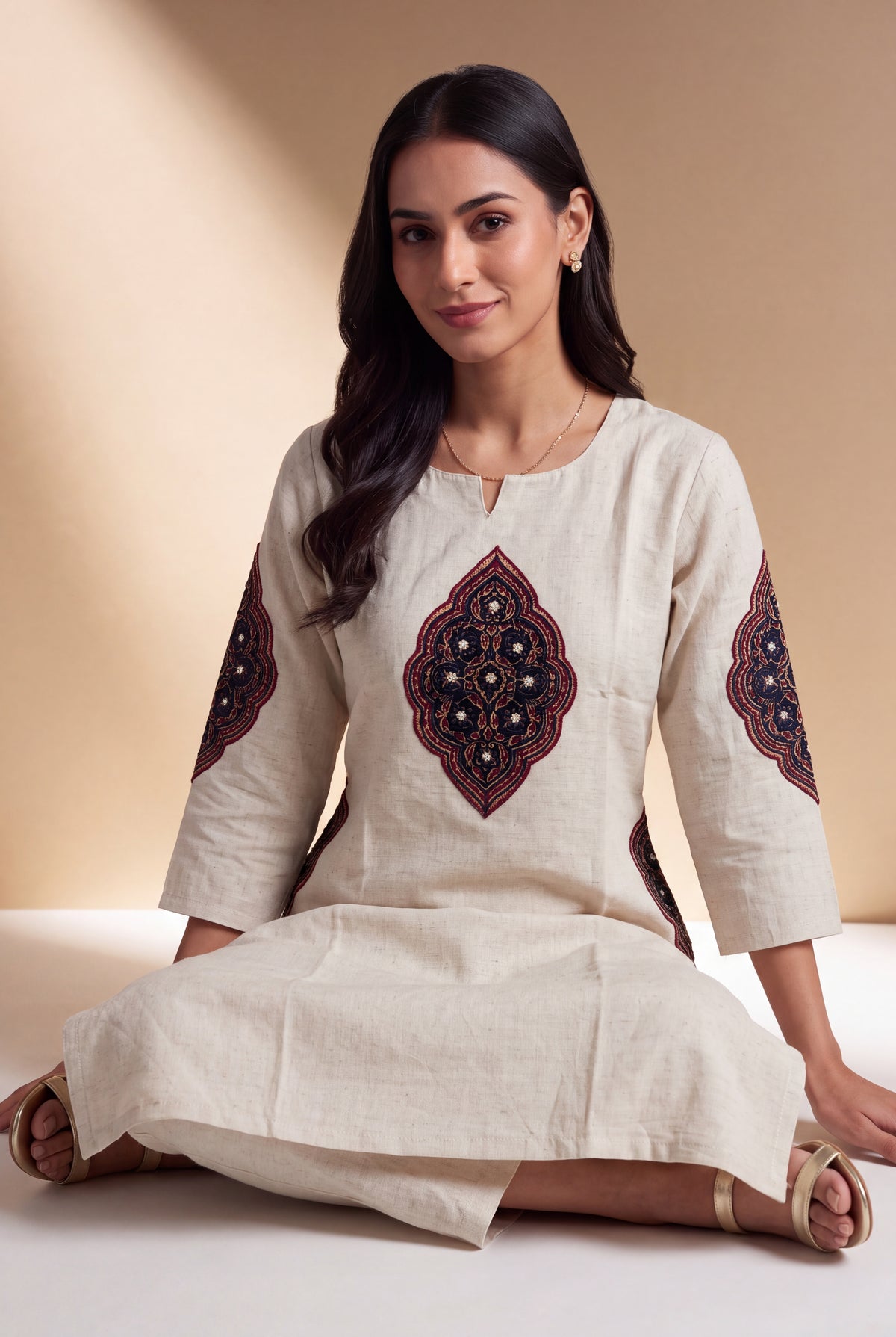 Cream Khadi Cotton Maroon Padakāvalī Kurti with Mirrorwork