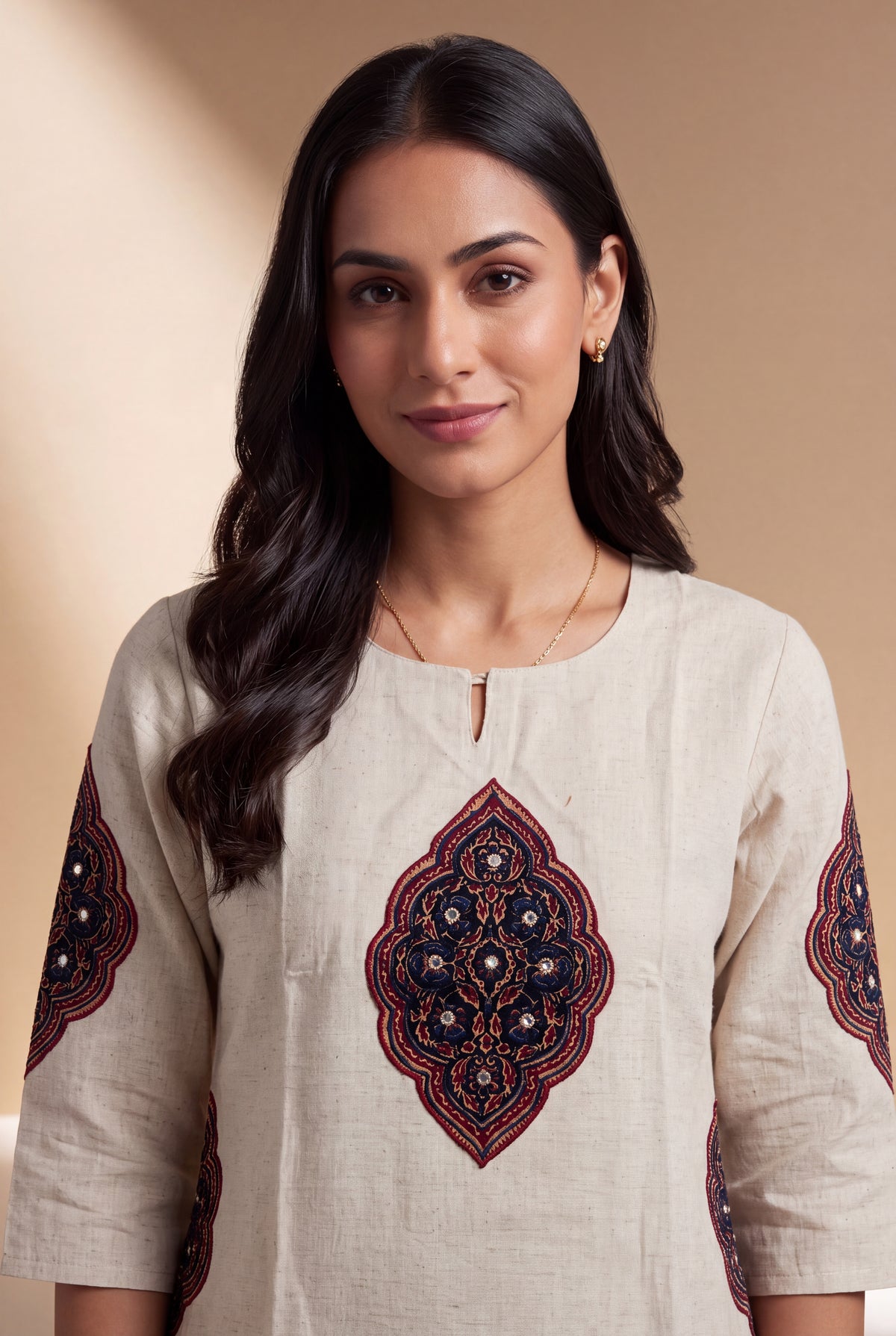 Cream Khadi Cotton Maroon Padakāvalī Kurti with Mirrorwork