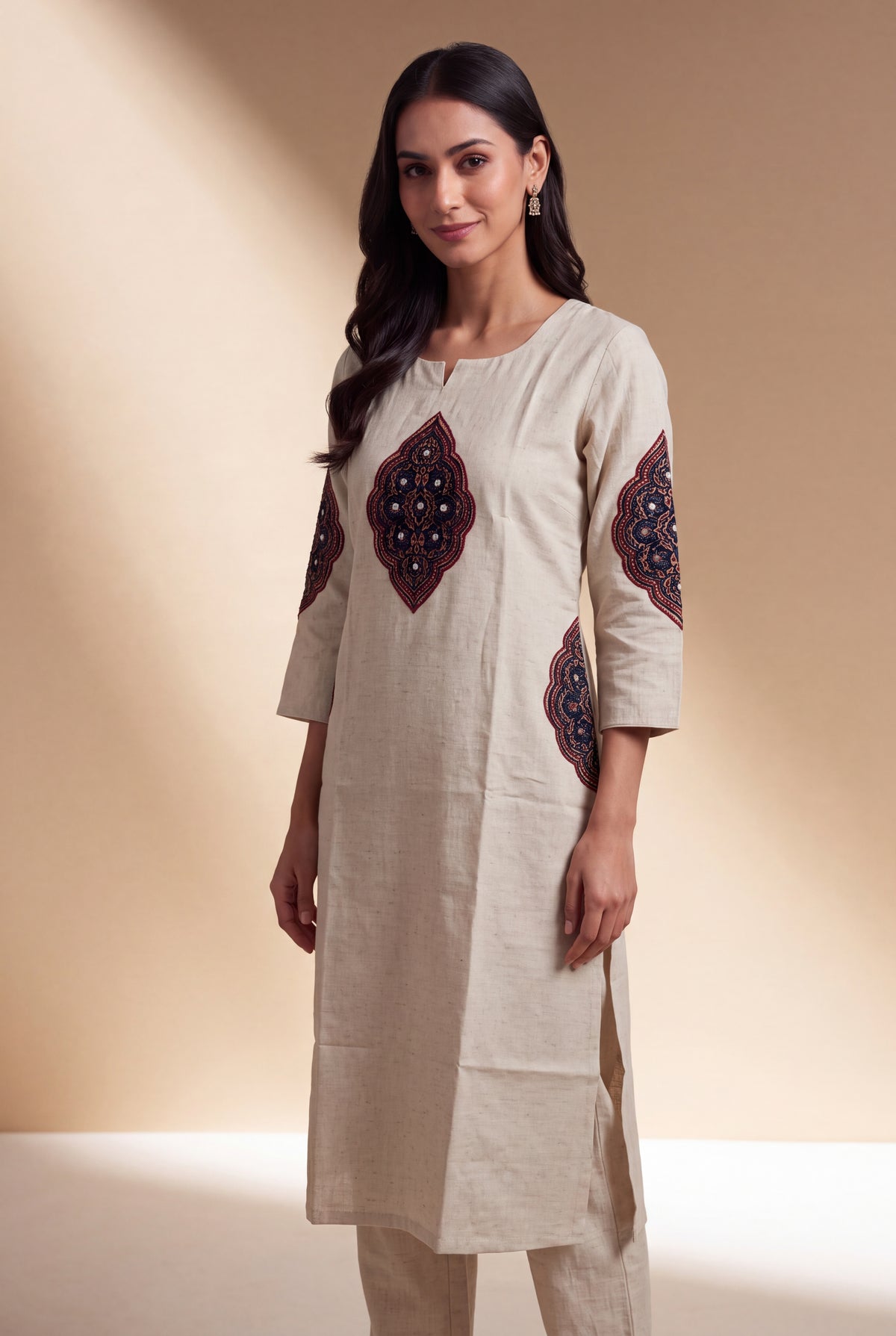 Cream Khadi Cotton Maroon Padakāvalī Kurti with Mirrorwork
