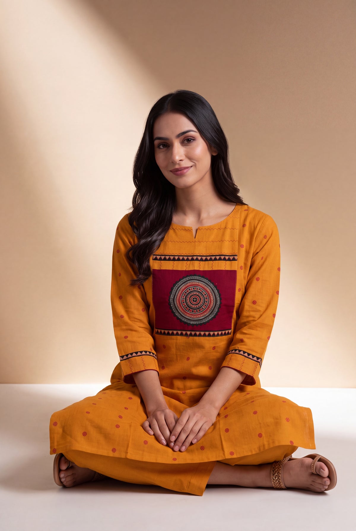 Mustard Cotton Kurti with Rust Butti and Chakrāvalī Patchwork