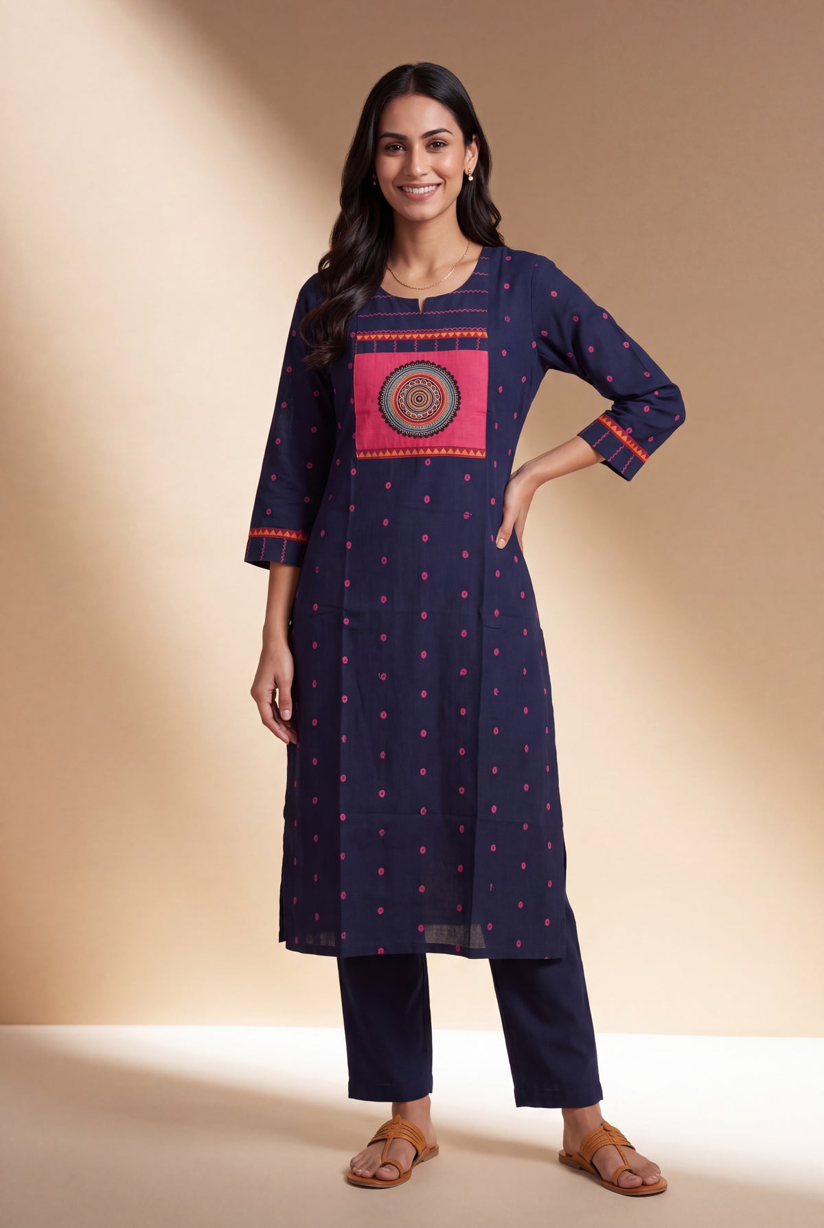 Midnight Blue Cotton Kurti with Rani Butti and Chakrāvalī Patchwork