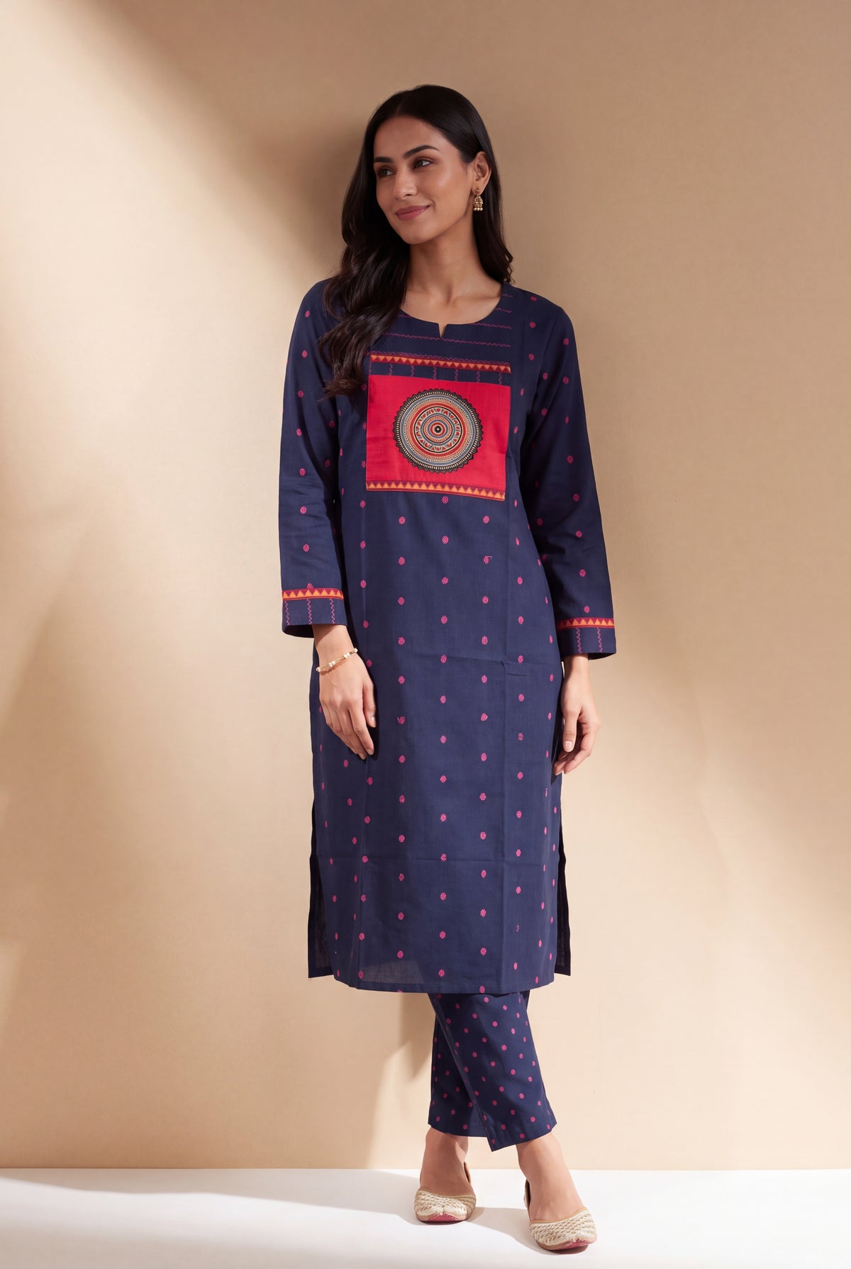 Midnight Blue Cotton Kurti with Rani Butti and Chakrāvalī Patchwork
