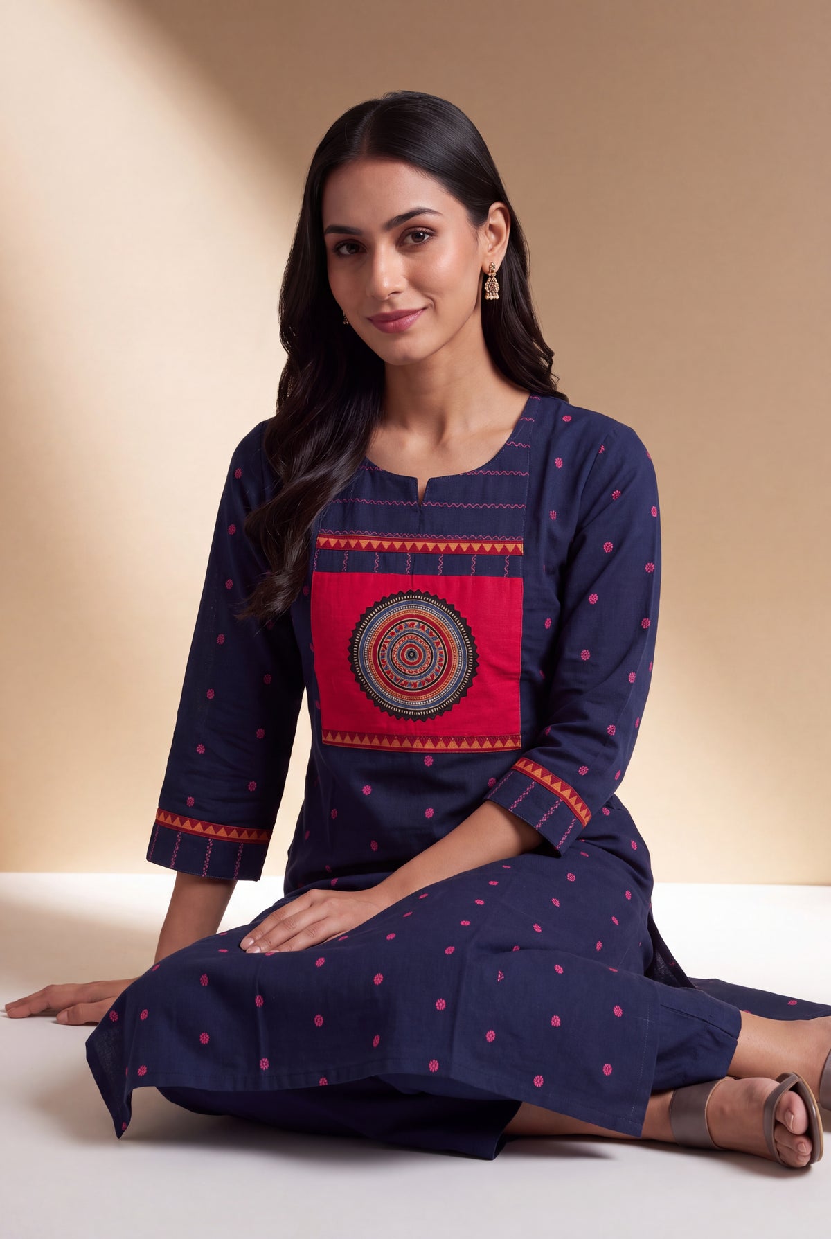 Midnight Blue Cotton Kurti with Rani Butti and Chakrāvalī Patchwork