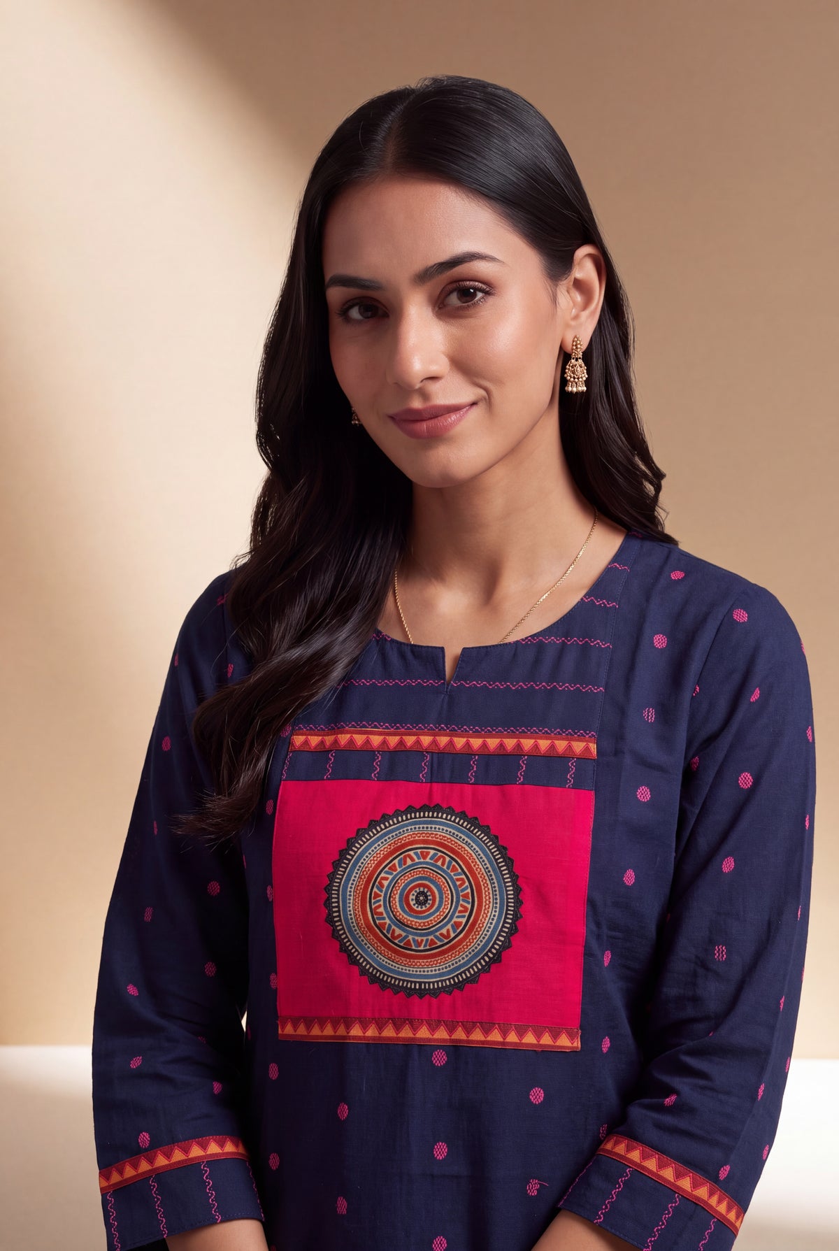 Midnight Blue Cotton Kurti with Rani Butti and Chakrāvalī Patchwork