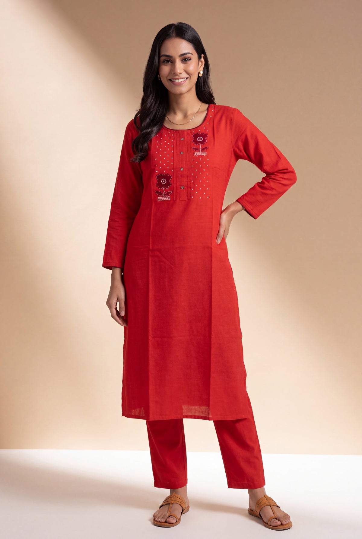 Rusty Red Cotton Kurti with White Dot Threadwork and Vāṭikāvalī Appliqué