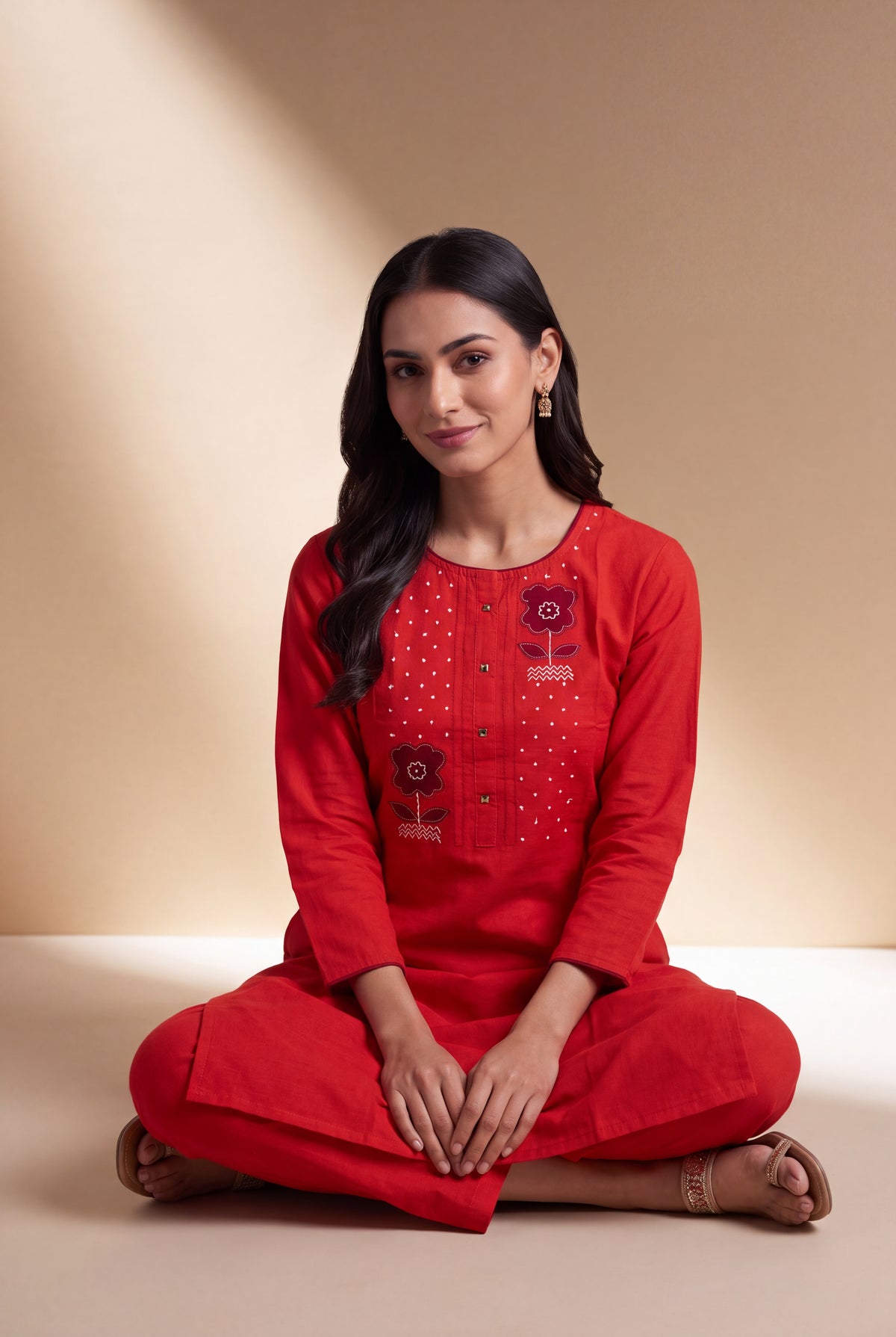 Rusty Red Cotton Kurti with White Dot Threadwork and Vāṭikāvalī Appliqué