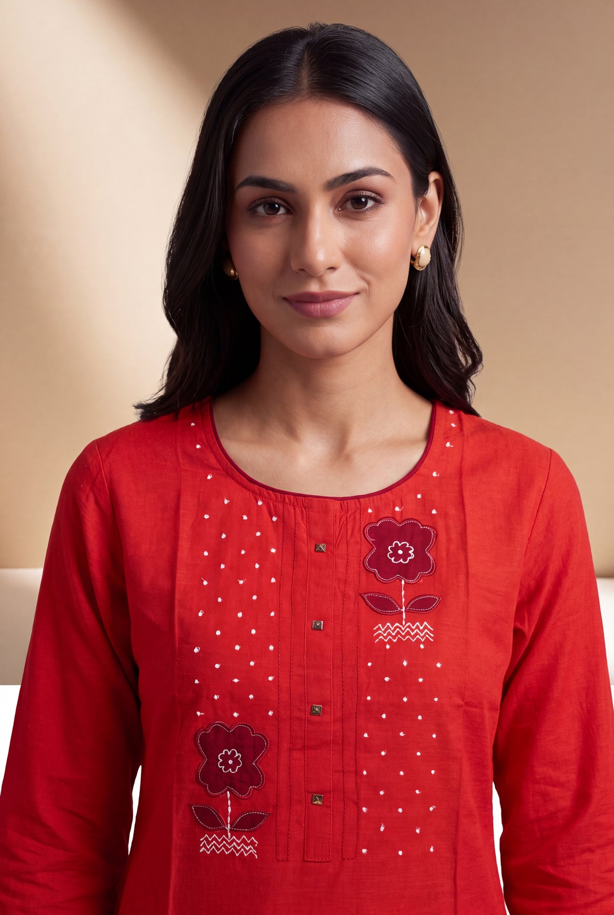 Rusty Red Cotton Kurti with White Dot Threadwork and Vāṭikāvalī Appliqué