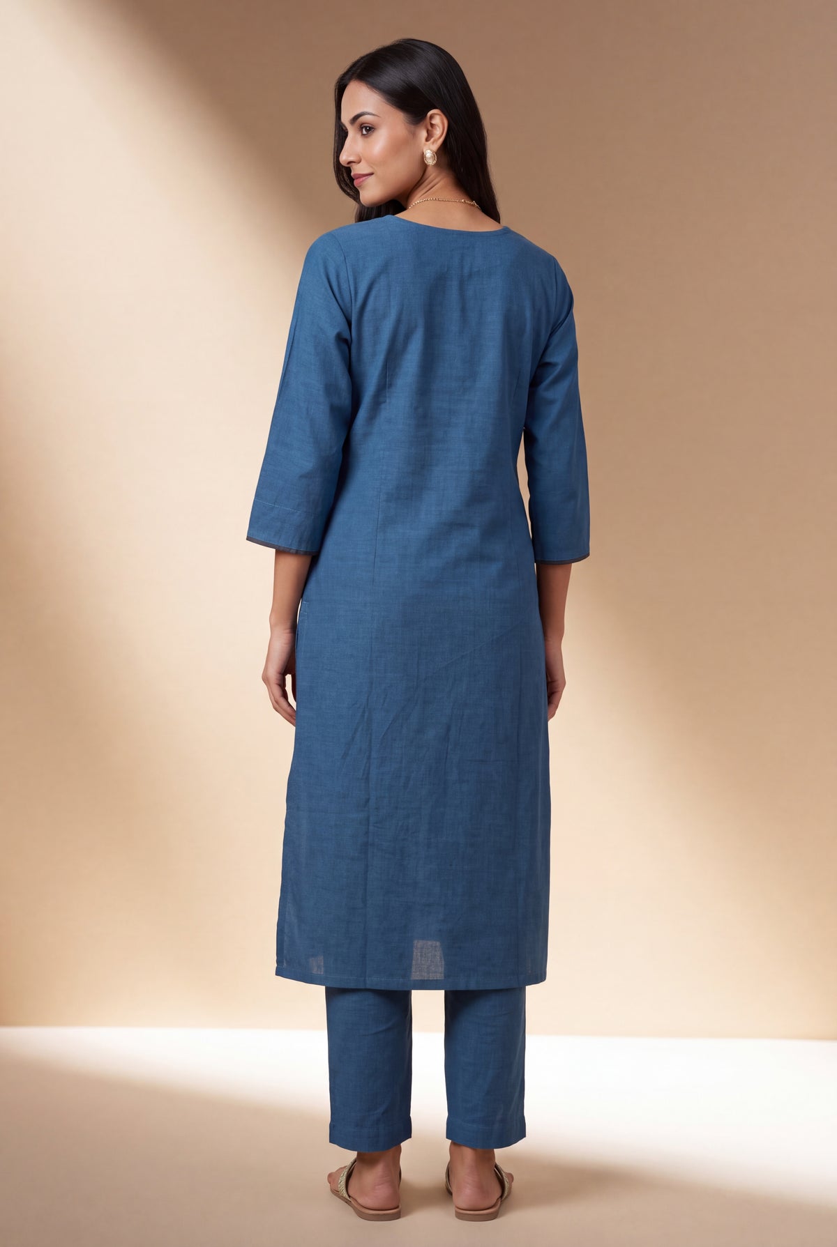 Indigo Blue Cotton Kurti with White Dot Threadwork and Vāṭikāvalī Appliqué