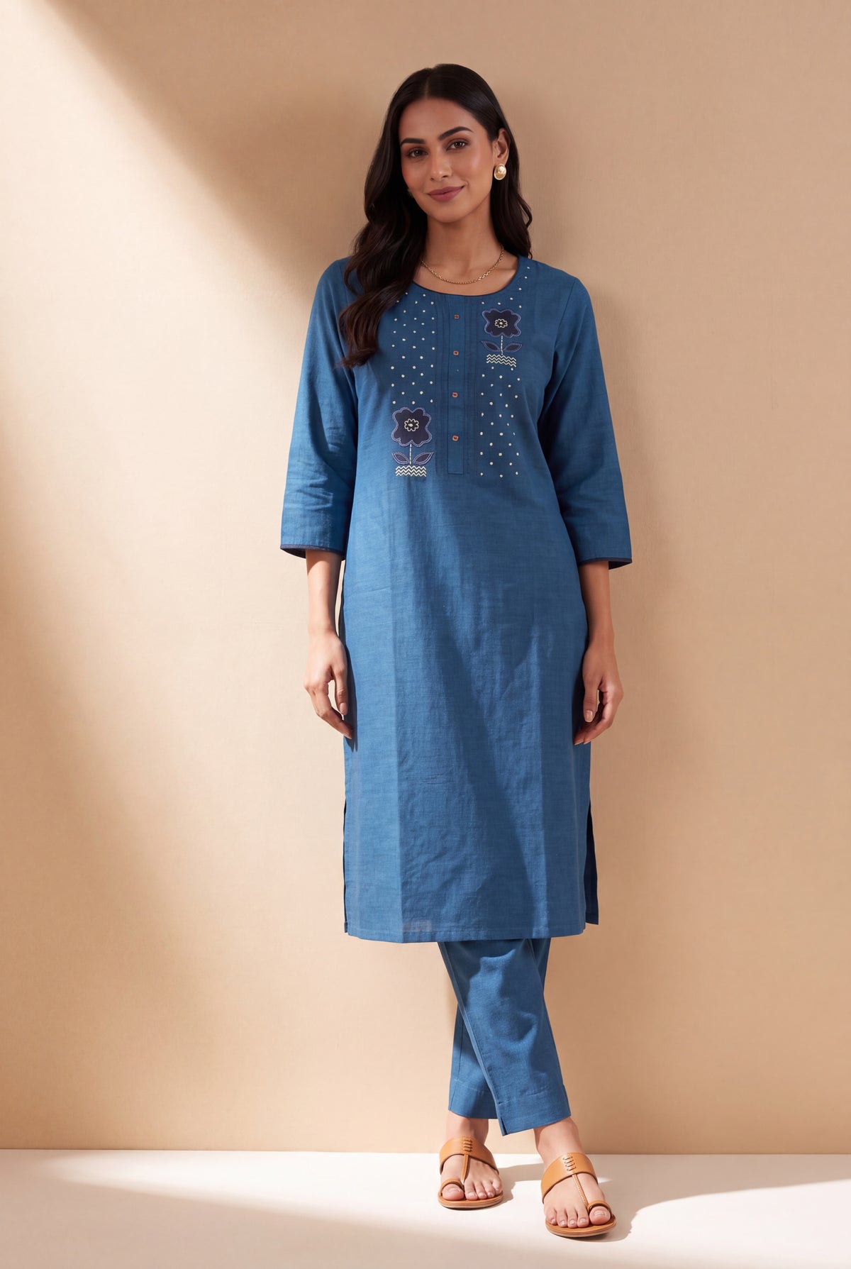 Indigo Blue Cotton Kurti with White Dot Threadwork and Vāṭikāvalī Appliqué