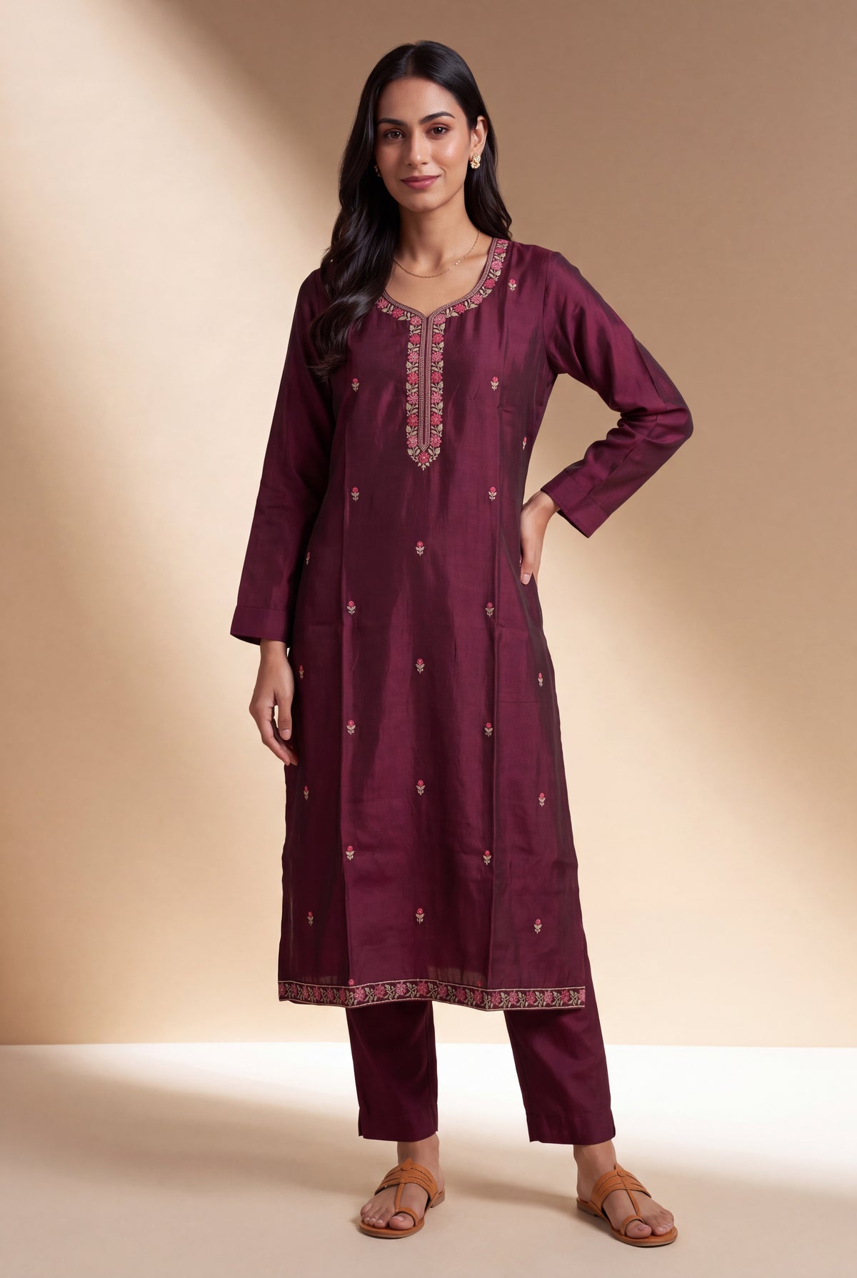 Wine Silk Chanderi Kurti with Embroidered Neckline and Kalikāvalī Buti Embroidery