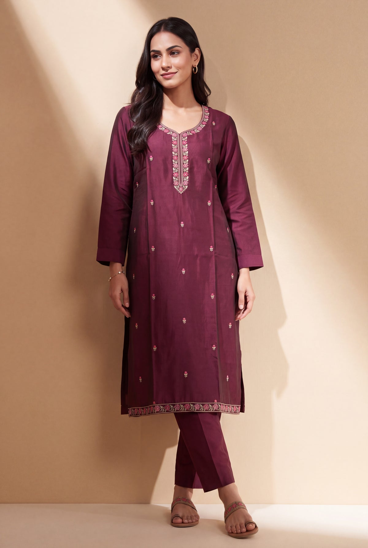 Wine Silk Chanderi Kurti with Embroidered Neckline and Kalikāvalī Buti Embroidery