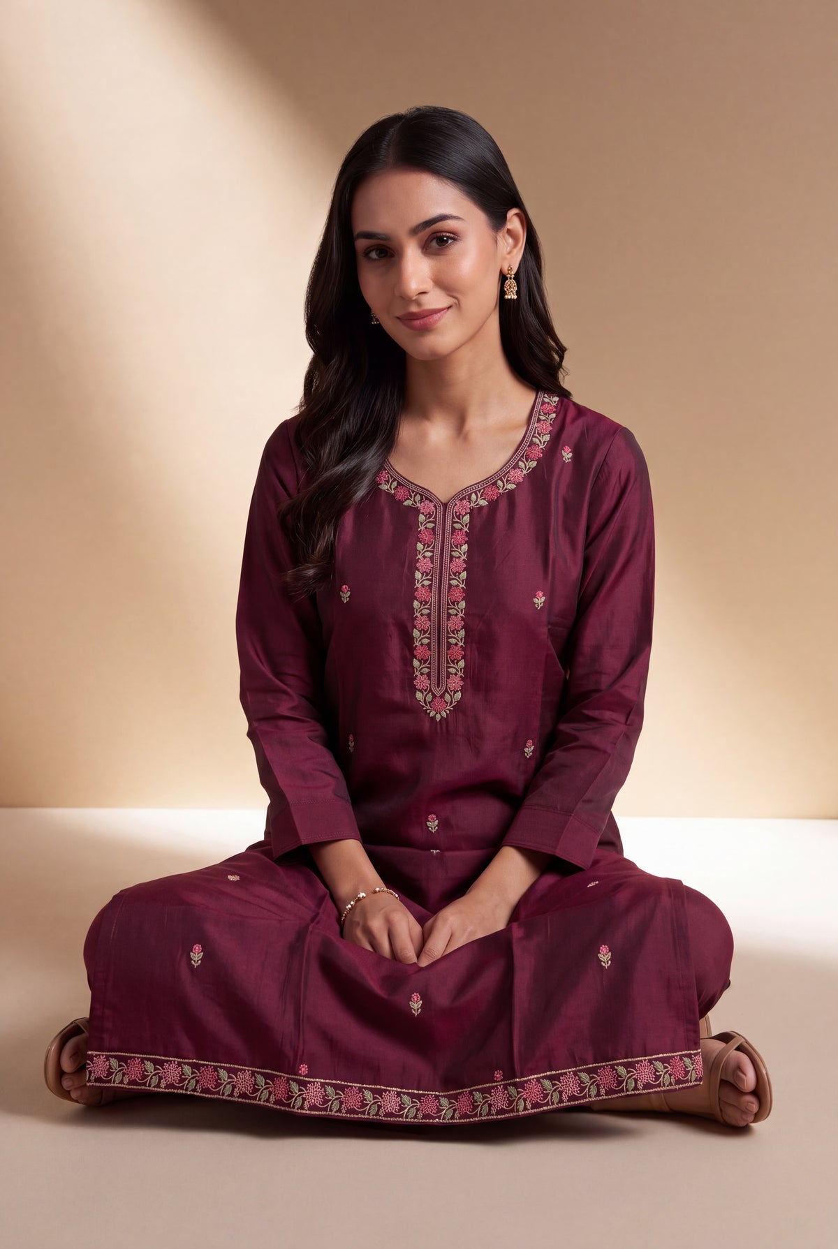 Wine Silk Chanderi Kurti with Embroidered Neckline and Kalikāvalī Buti Embroidery