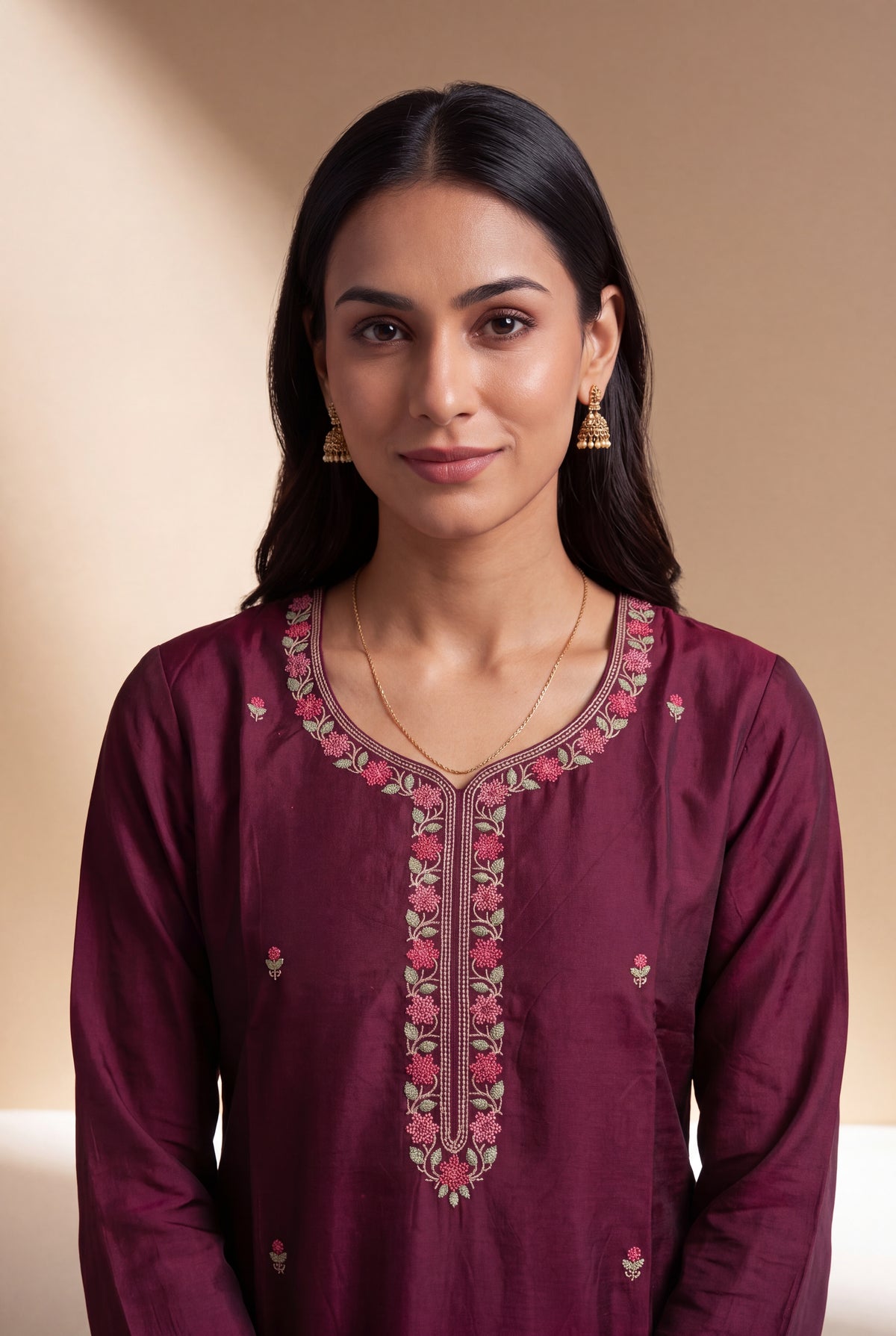 Wine Silk Chanderi Kurti with Embroidered Neckline and Kalikāvalī Buti Embroidery