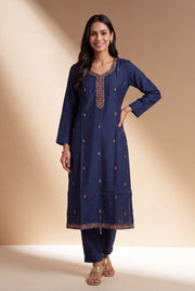 Indigo Blue Silk Chanderi Kurti with Embroidered Neckline and Kalikāvalī Buti Embroidery