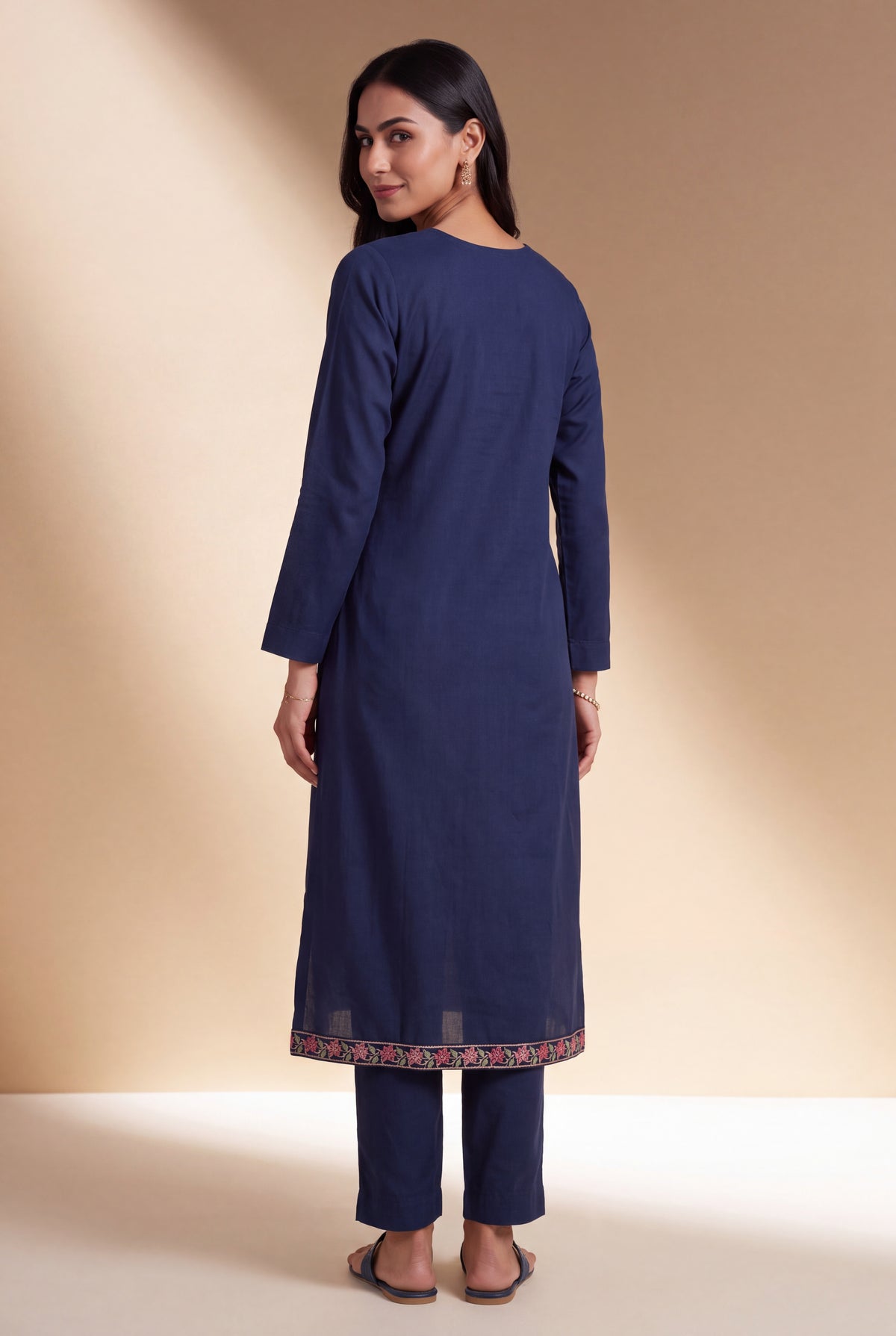 Indigo Blue Silk Chanderi Kurti with Embroidered Neckline and Kalikāvalī Buti Embroidery