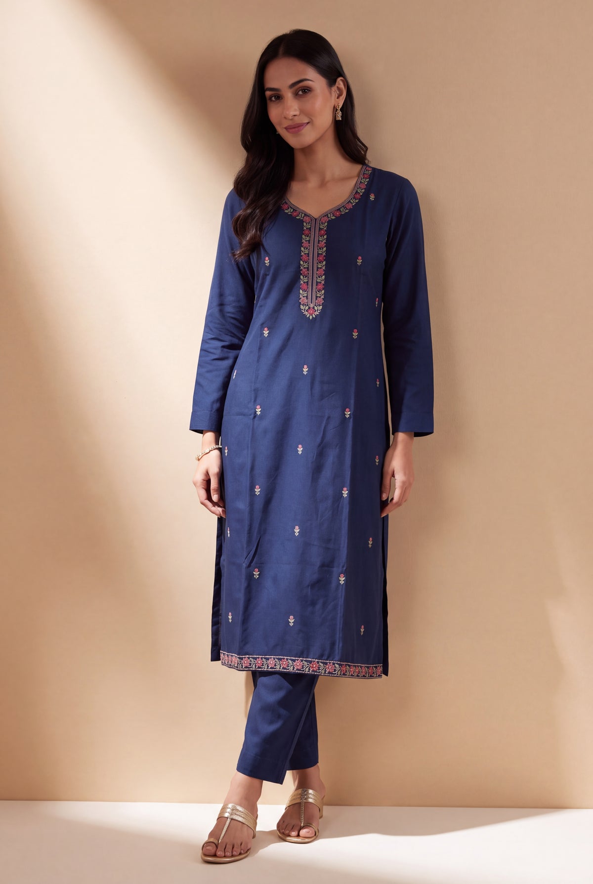 Indigo Blue Silk Chanderi Kurti with Embroidered Neckline and Kalikāvalī Buti Embroidery