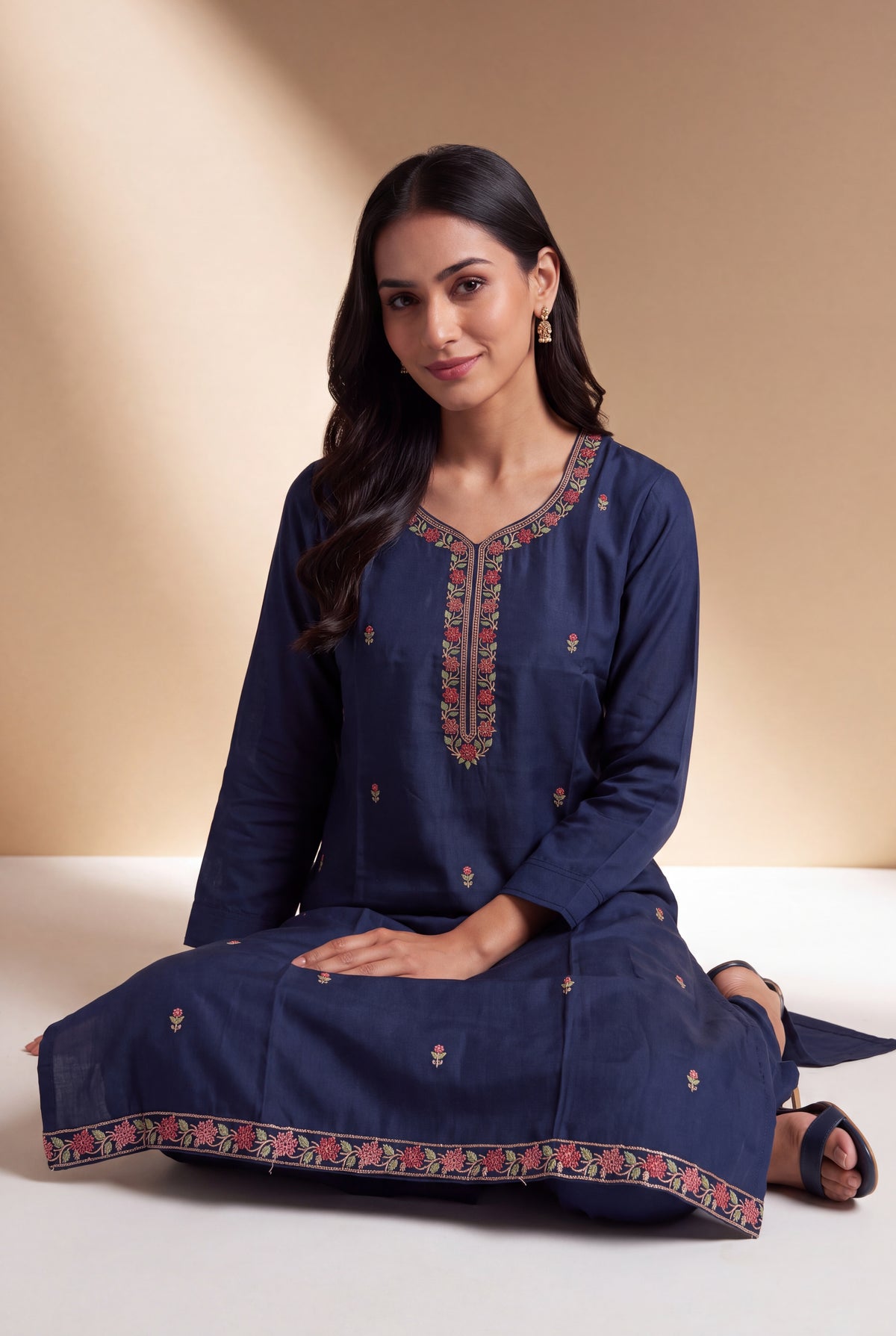 Indigo Blue Silk Chanderi Kurti with Embroidered Neckline and Kalikāvalī Buti Embroidery