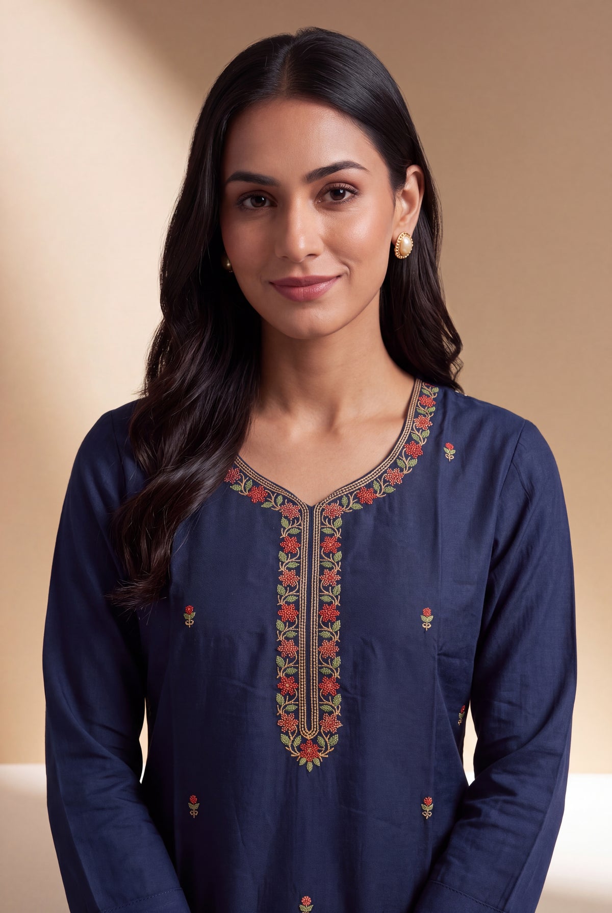 Indigo Blue Silk Chanderi Kurti with Embroidered Neckline and Kalikāvalī Buti Embroidery