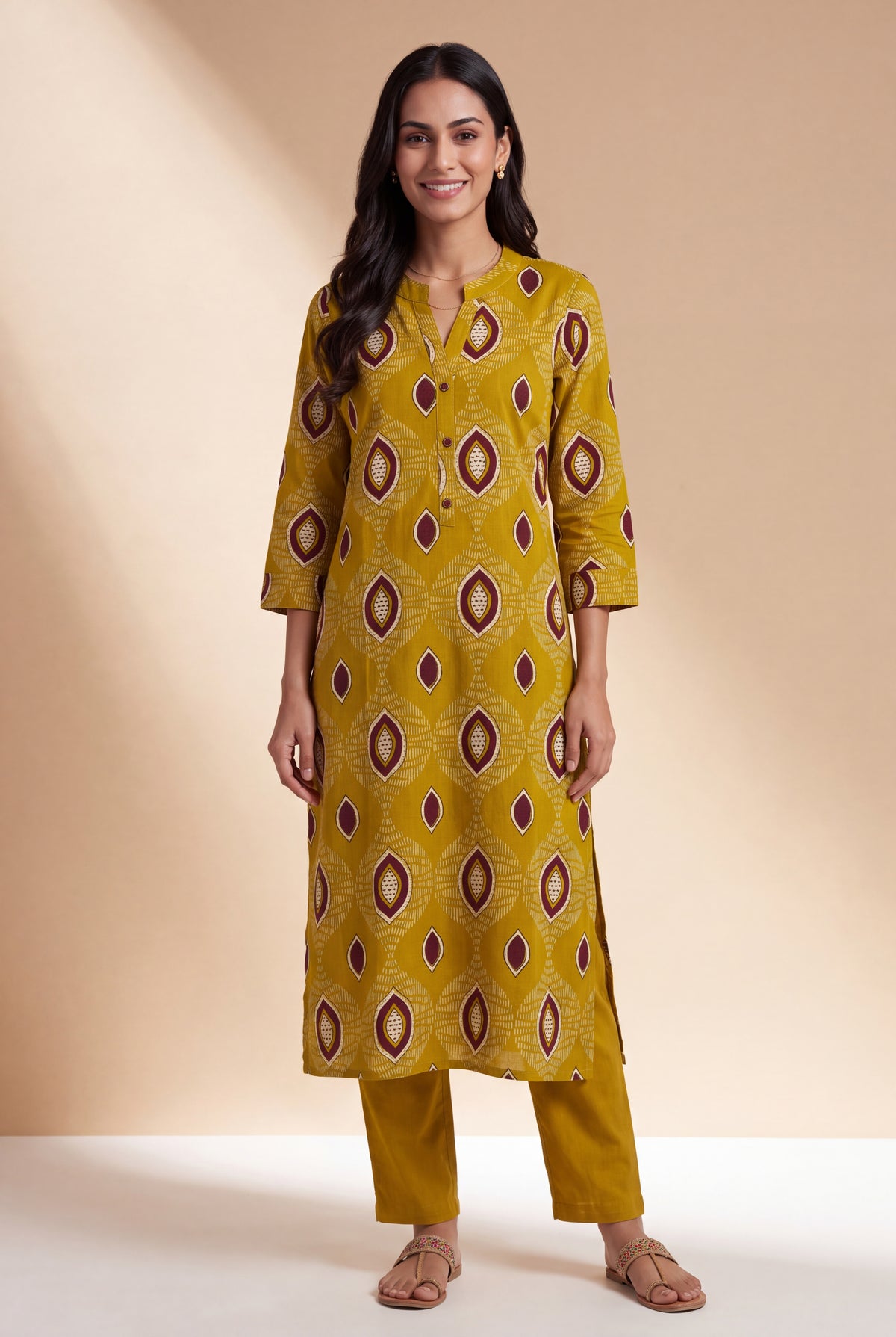 Olive Mustard Cotton Kurti with Mandarin Collar and Bījāvalī Print