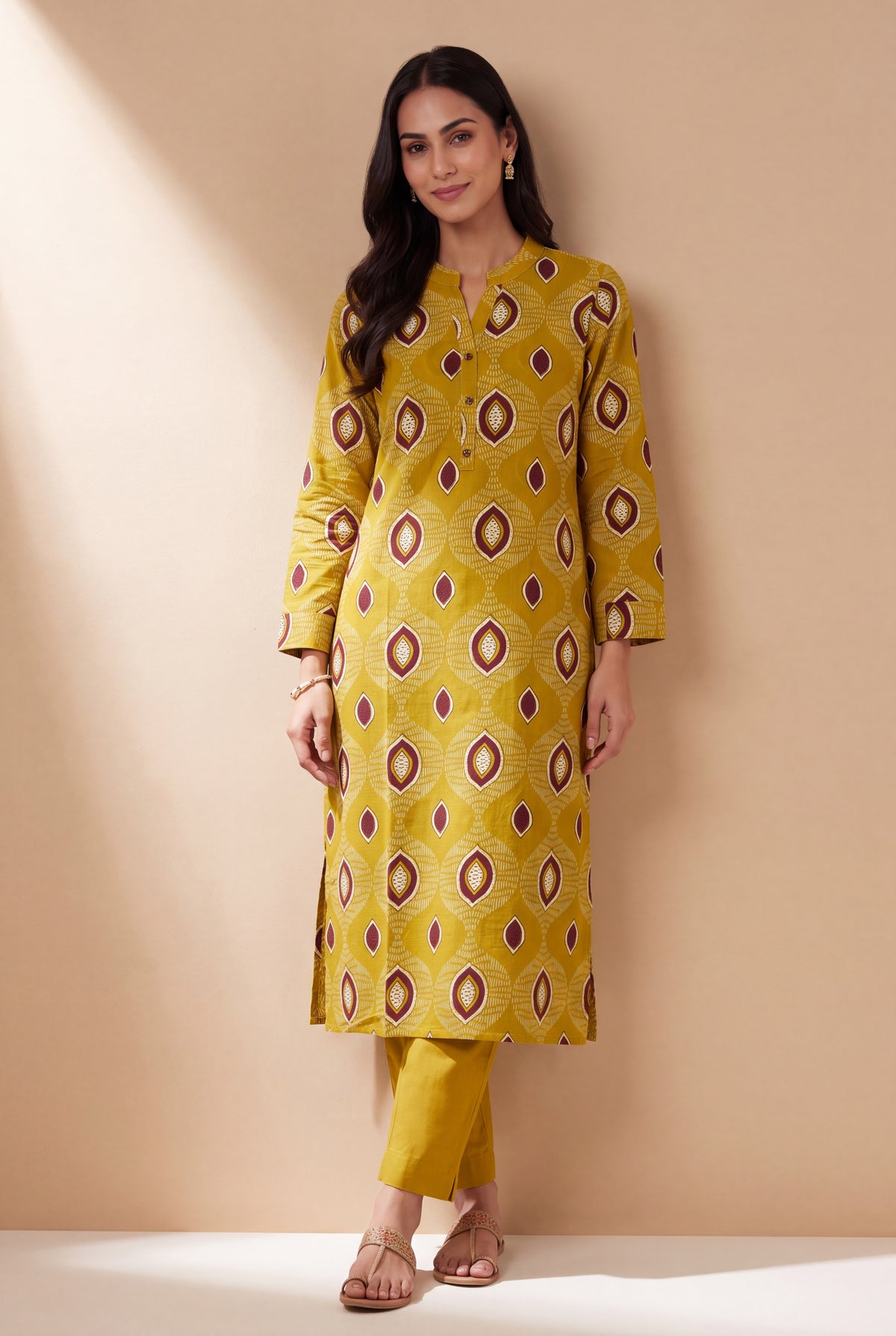 Olive Mustard Cotton Kurti with Mandarin Collar and Bījāvalī Print