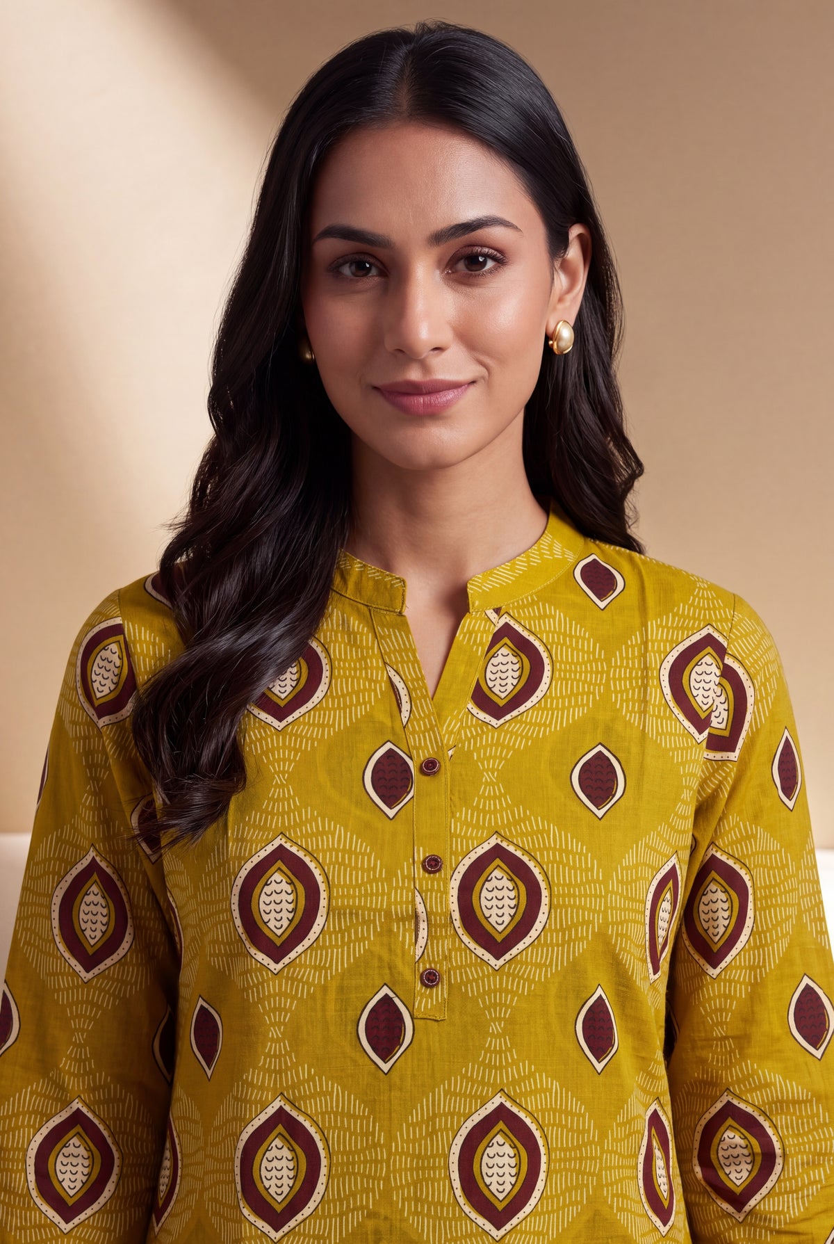 Olive Mustard Cotton Kurti with Mandarin Collar and Bījāvalī Print