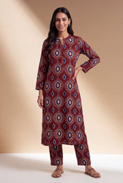 Burgundy Red Cotton Kurti with Mandarin Collar and Bījāvalī Print