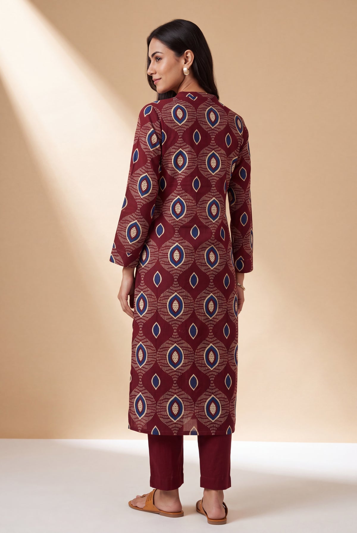 Burgundy Red Cotton Kurti with Mandarin Collar and Bījāvalī Print