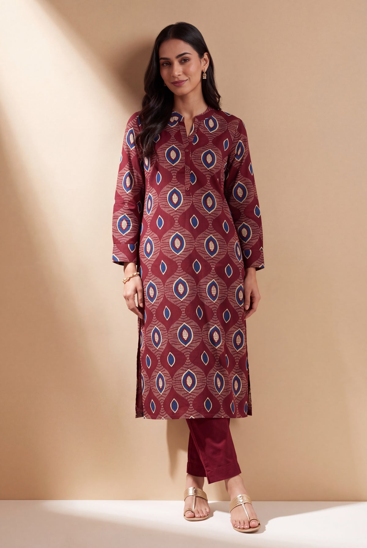 Burgundy Red Cotton Kurti with Mandarin Collar and Bījāvalī Print