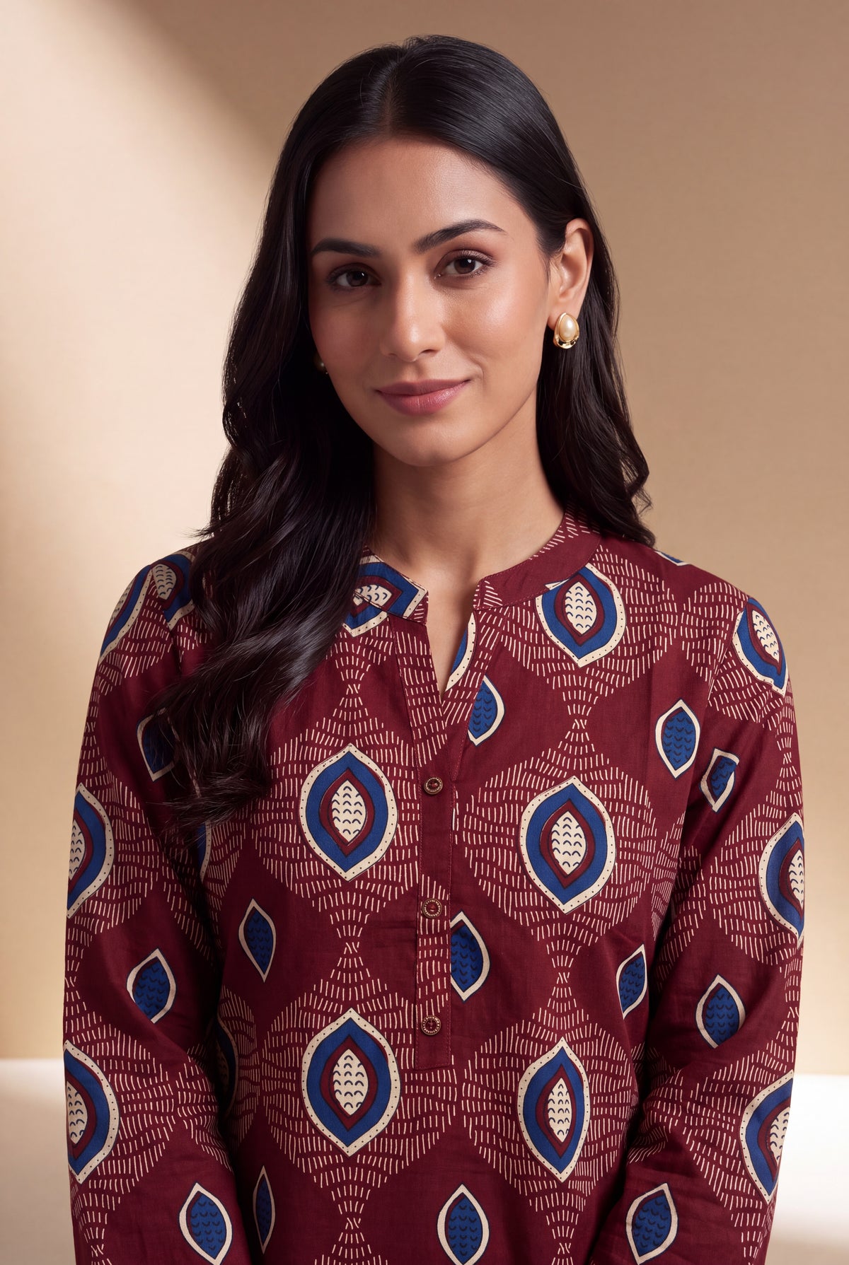 Burgundy Red Cotton Kurti with Mandarin Collar and Bījāvalī Print