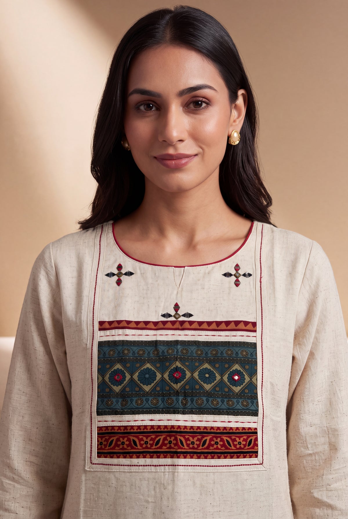 Cream Khadi Cotton Kurti with Teal Patchwork Cuffs and Vajrāvalī Yoke