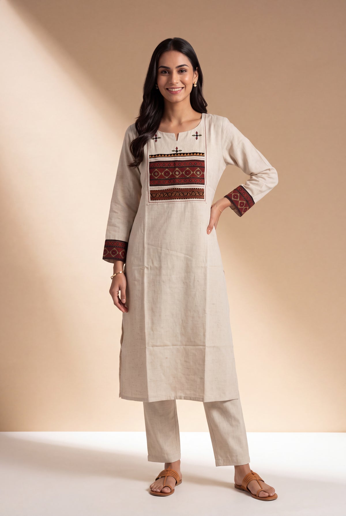 Cream Khadi Cotton Kurti with Rose Patchwork Cuffs and Vajrāvalī Yoke
