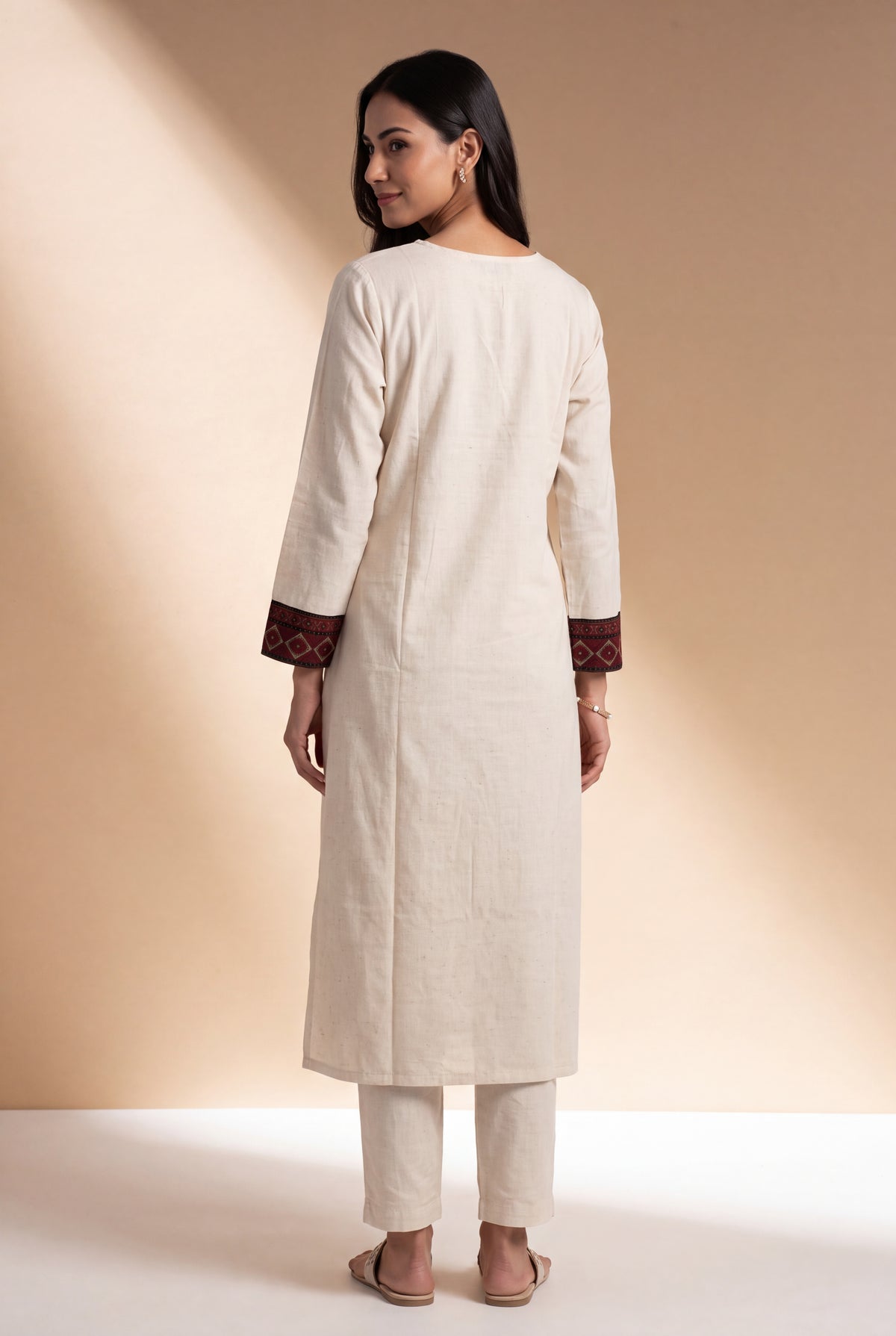 Cream Khadi Cotton Kurti with Rose Patchwork Cuffs and Vajrāvalī Yoke