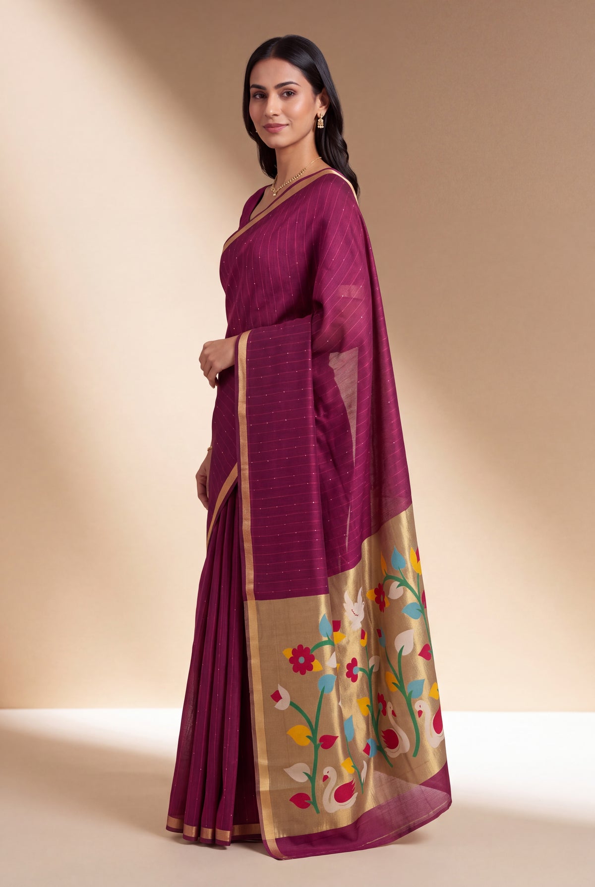 Berry Pink Jamdhani Cotton Paithani Saree with Kapota-Kusuma Pallu