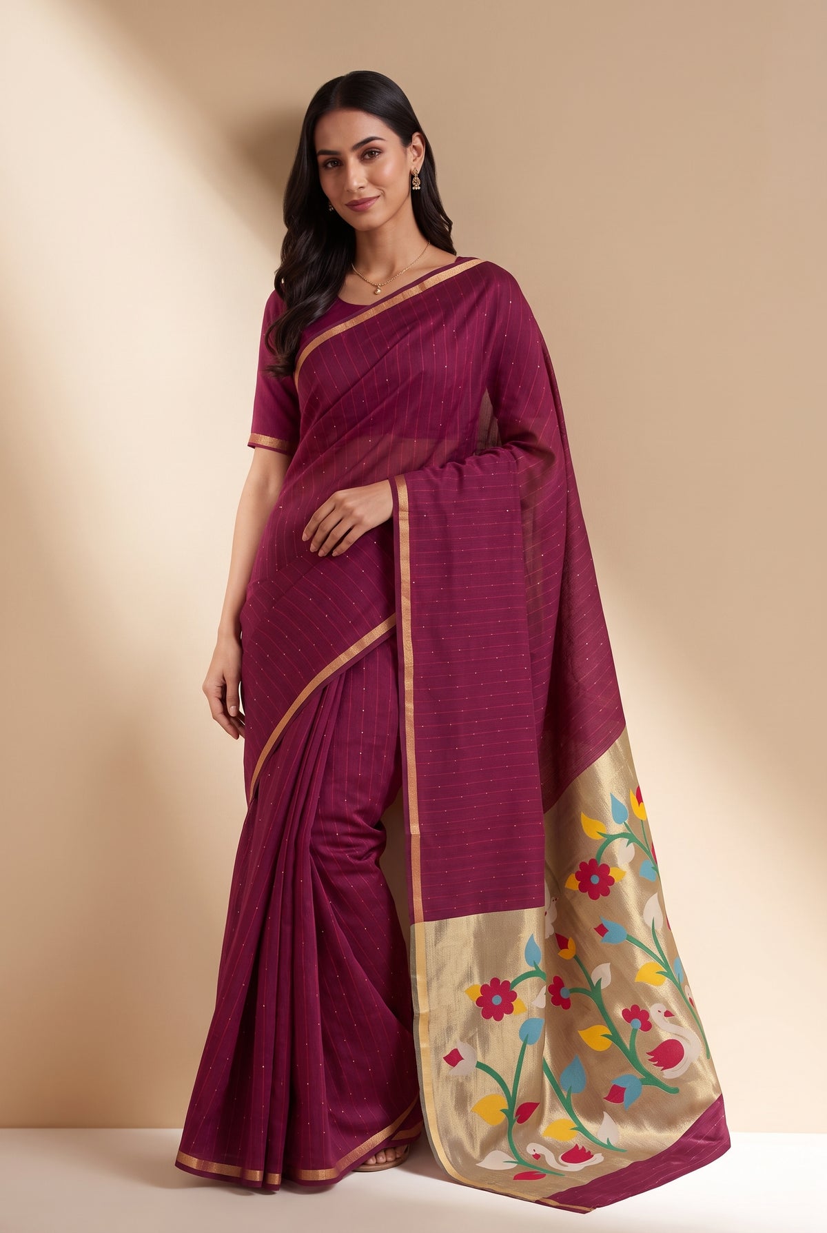 Berry Pink Jamdhani Cotton Paithani Saree with Kapota-Kusuma Pallu