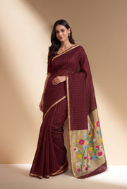 Burgundy Red Jamdhani Cotton Paithani Saree with Kapota-Kusuma Pallu