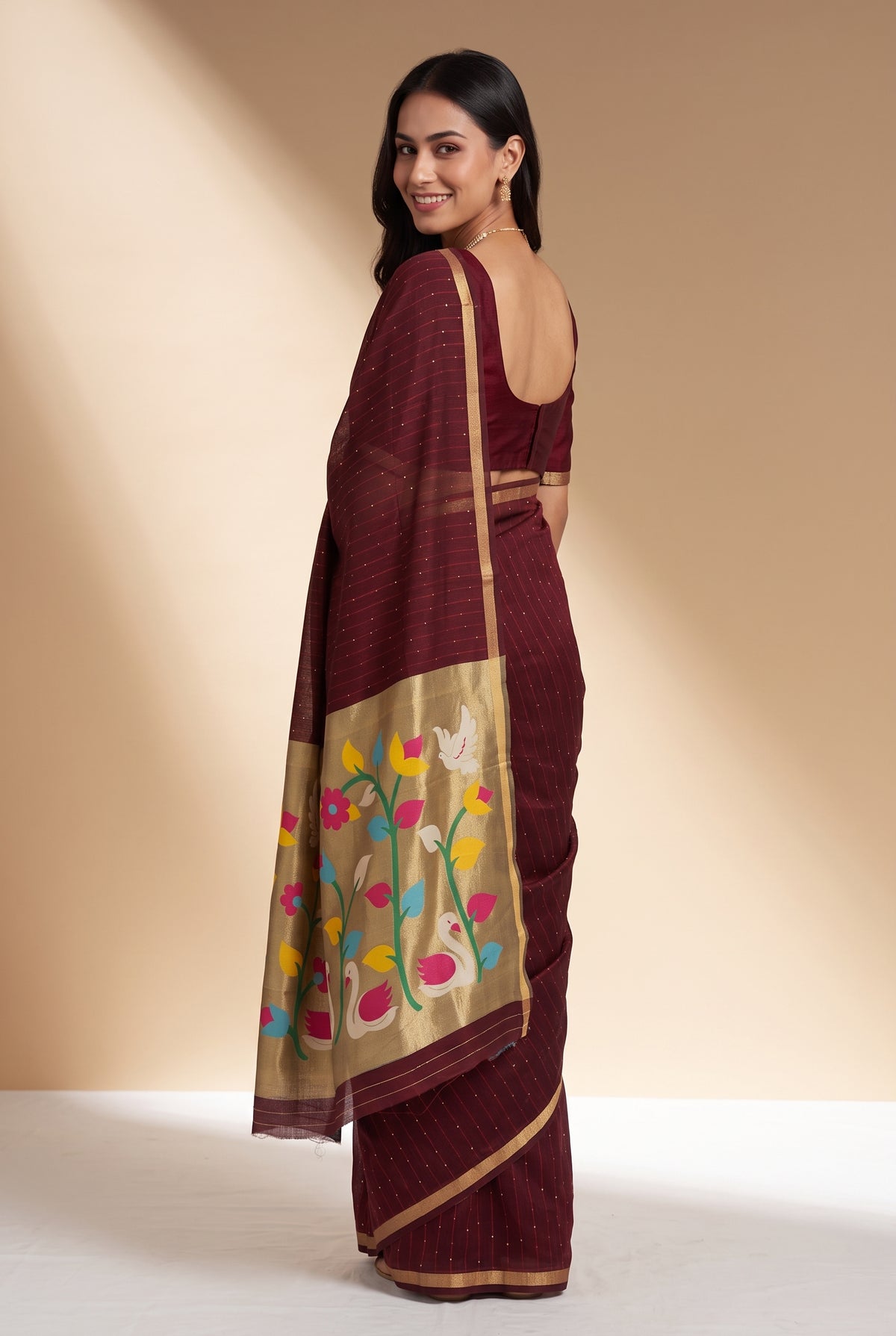 Burgundy Red Jamdhani Cotton Paithani Saree with Kapota-Kusuma Pallu