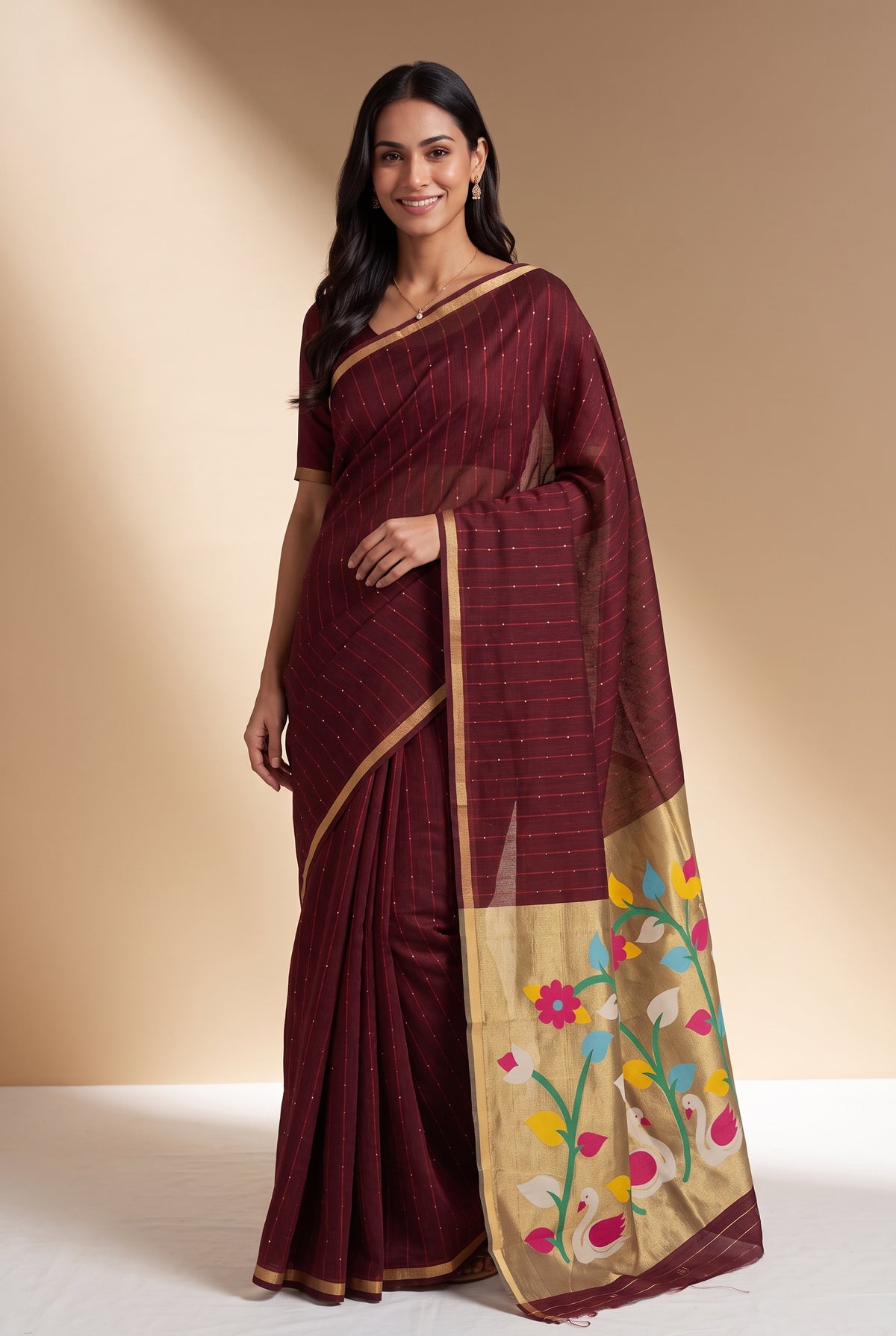 Burgundy Red Jamdhani Cotton Paithani Saree with Kapota-Kusuma Pallu