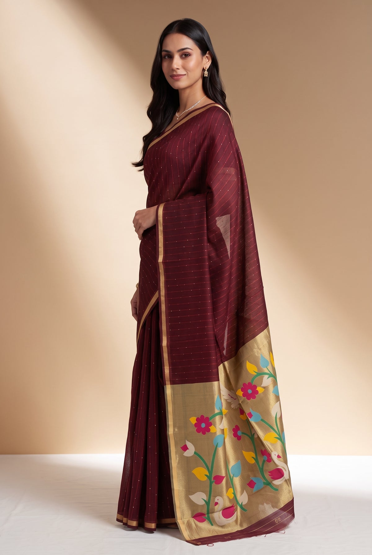 Burgundy Red Jamdhani Cotton Paithani Saree with Kapota-Kusuma Pallu