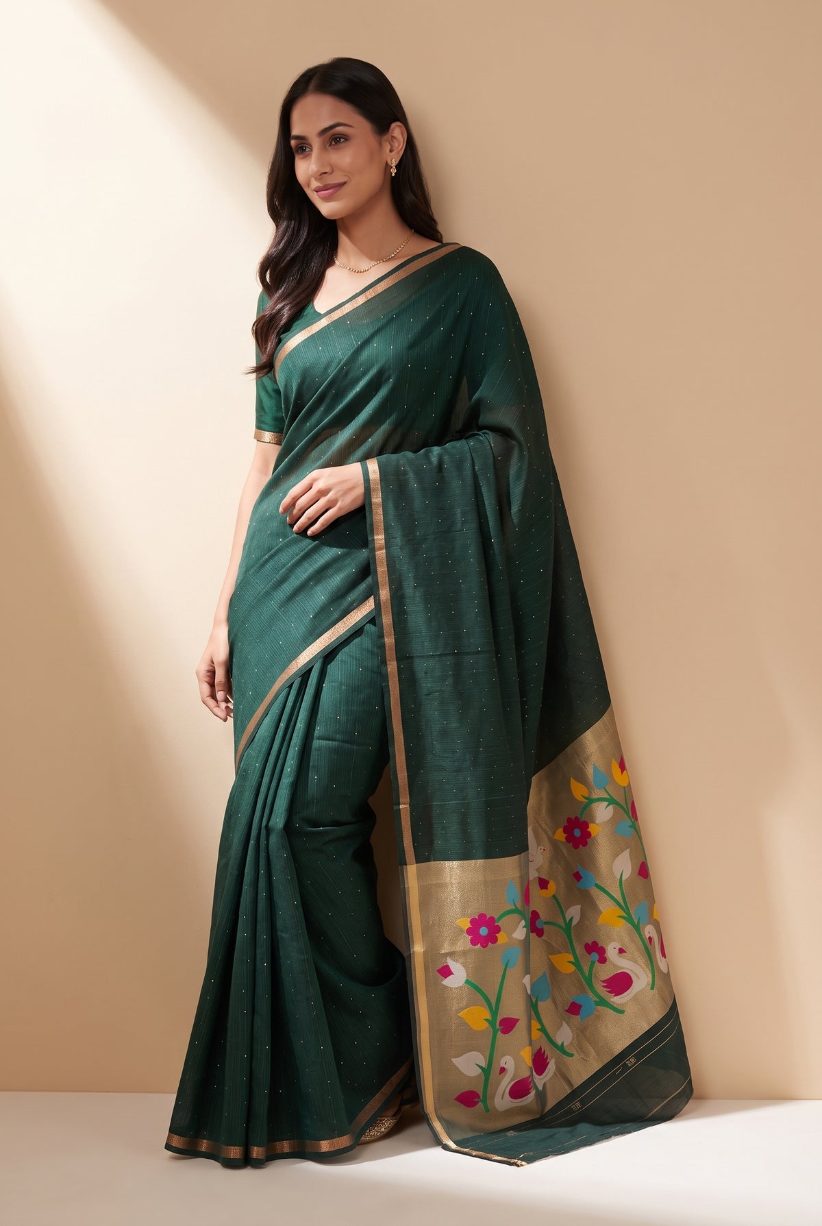 Bottle Green Jamdhani Cotton Paithani Saree with Kapota-Kusuma Pallu